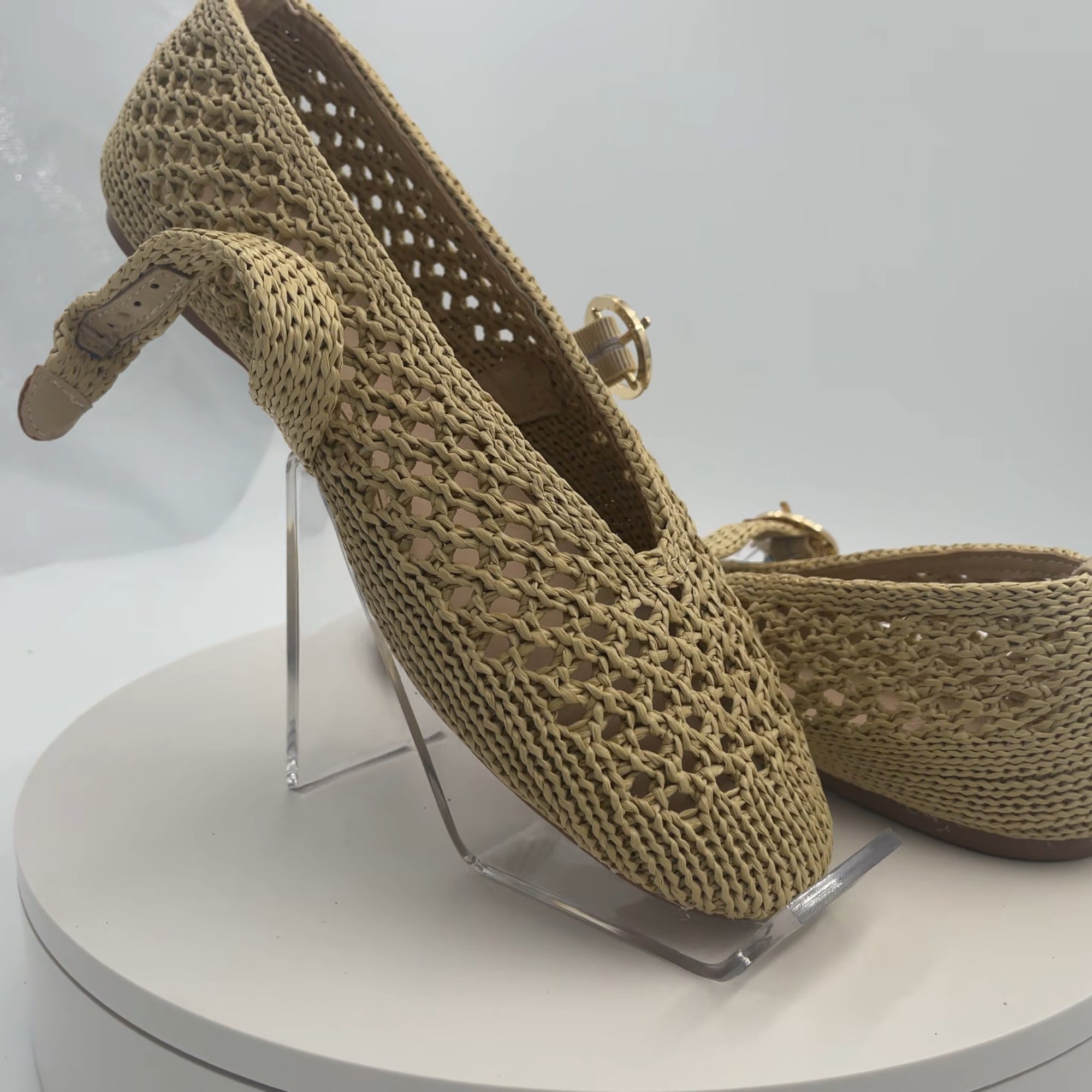 Women's Sia Knit Woven Mary Jane Flats - Universal Thread Beige 7.5: Cushioned Insole, Buckle Closure, Textured Outsole