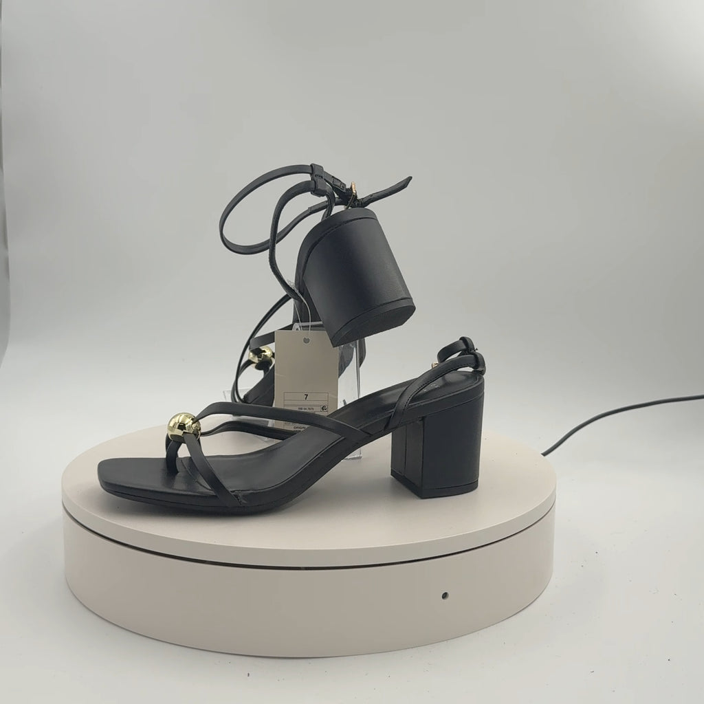 Women's Phoebe Strappy Ball Ornament Heels - A New Day Black 7: Adjustable Buckle, Block Heel, Open Square Toe