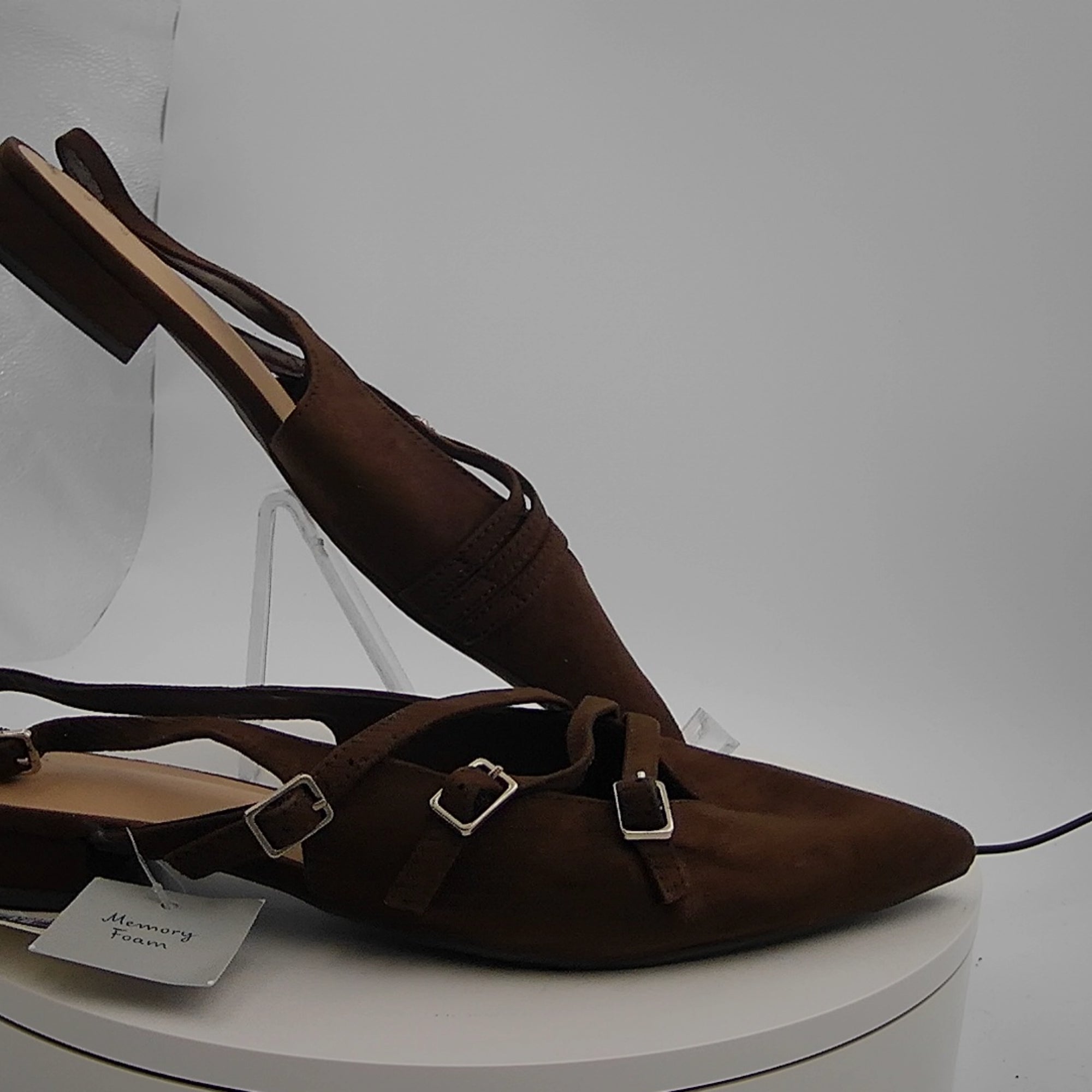 Women's Twiggy Multi Buckle Mini Heel Flats With Memory Foam Insole - A New Day Brown 9: Faux Suede, Pointed Toe