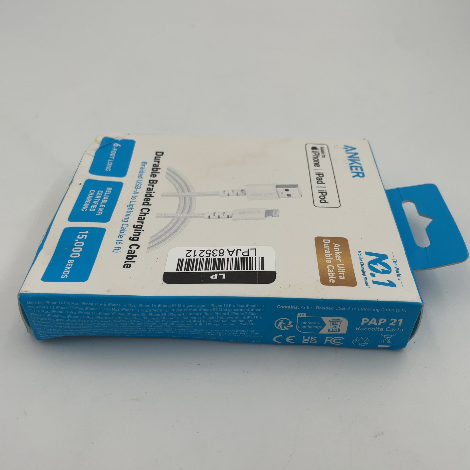 Anker 6' Braided Lightning To Usb-A Charging Cable - White: Apple Lightning Connector