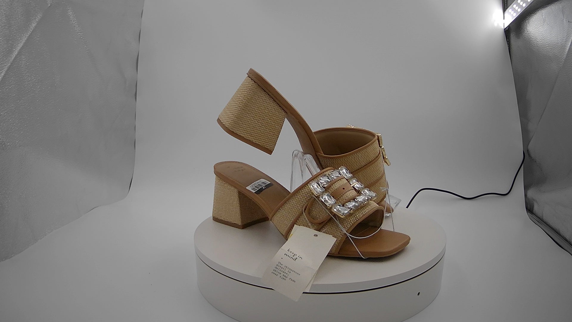 Women's Kathleen Raffia Buckle Block Heels - A New Day Beige 11: Slip On, Open Square Toe, Medium Width