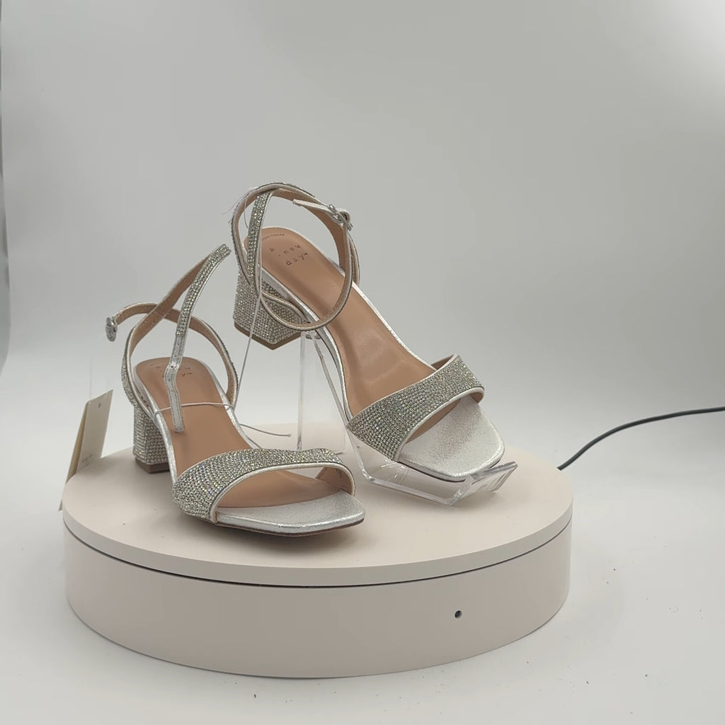 Women's Shannon Heels With Memory Foam Insole - A New Day Silver 6.5: Ankle Strap Sandals, Block Heel, Open Toe