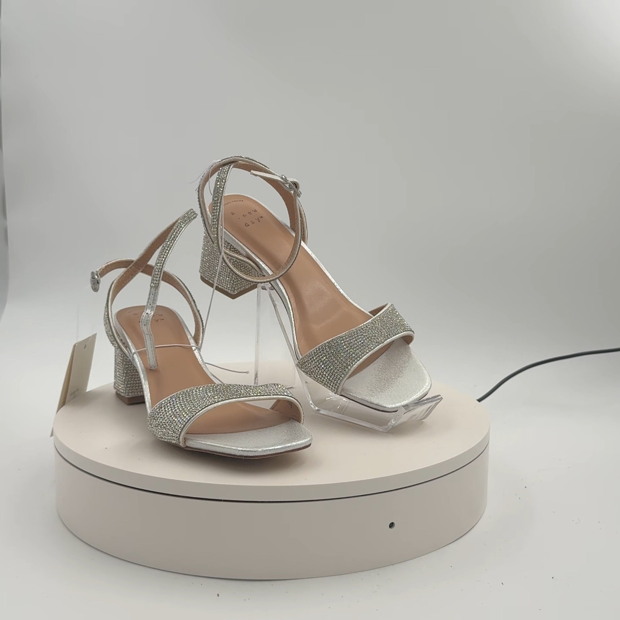 Women's Shannon Heels With Memory Foam Insole - A New Day Silver 6.5: Ankle Strap Sandals, Block Heel, Open Toe