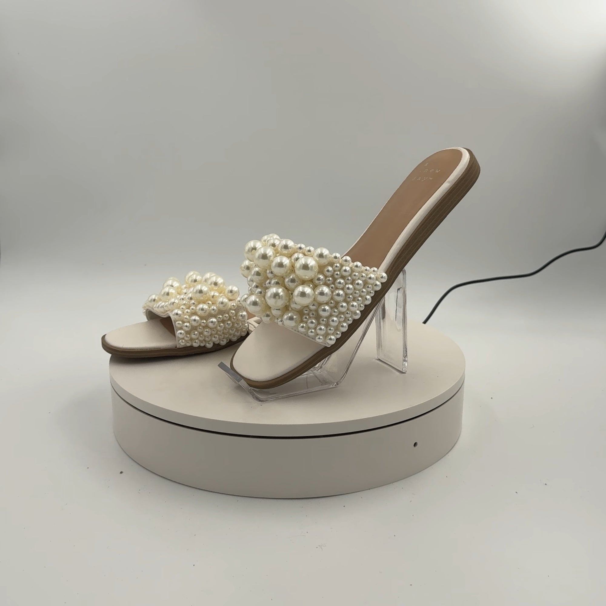 Women's Nylah Pearl Slide Sandals - A New Day Cream 9.5: Open Toe, Memory Foam Insole, Textured Tpr Outsole, Faux Leather