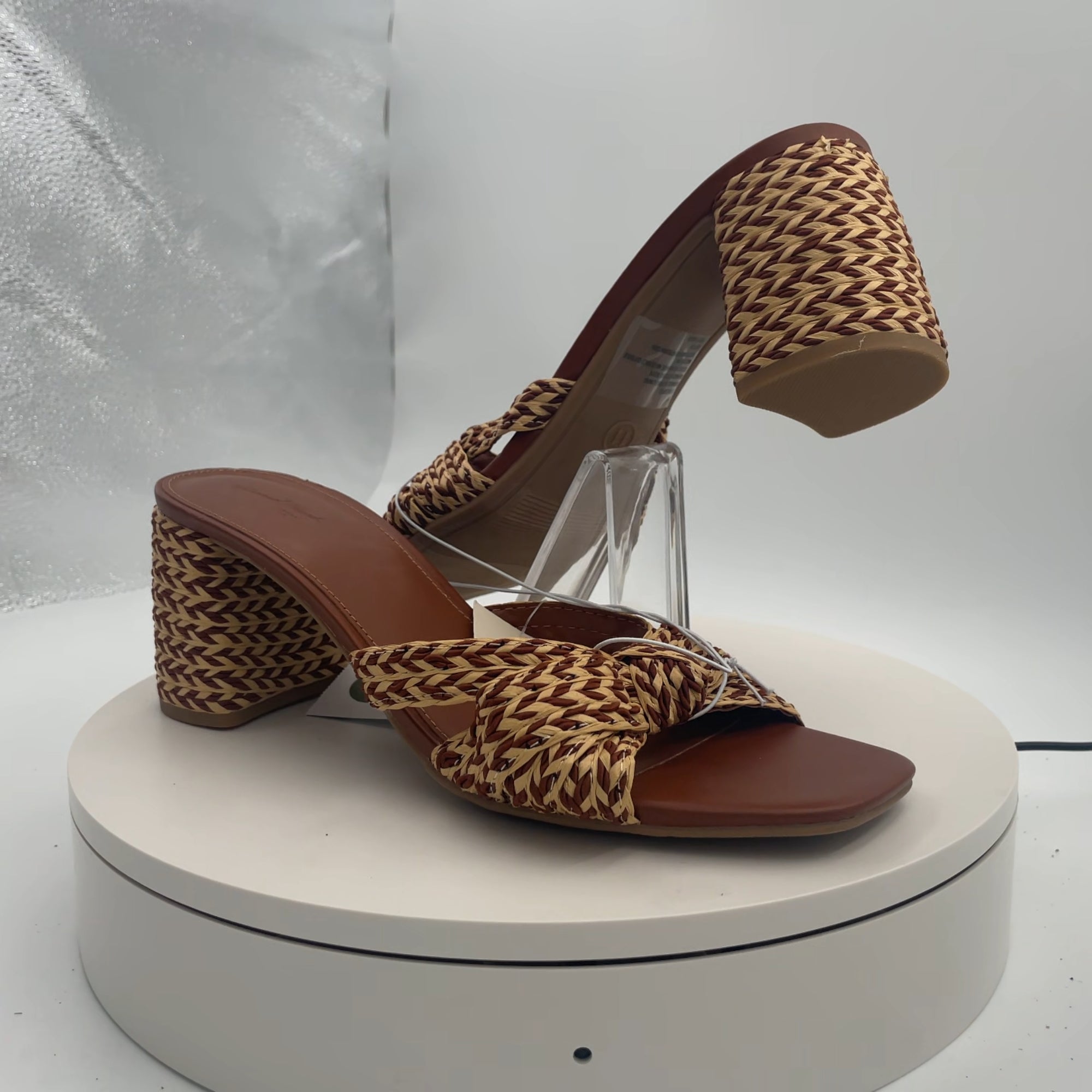 Women's Aaliyah Raffia Strappy Knot Sandal Heels - Universal Thread Cognac 11: Block Heel, Open Toe