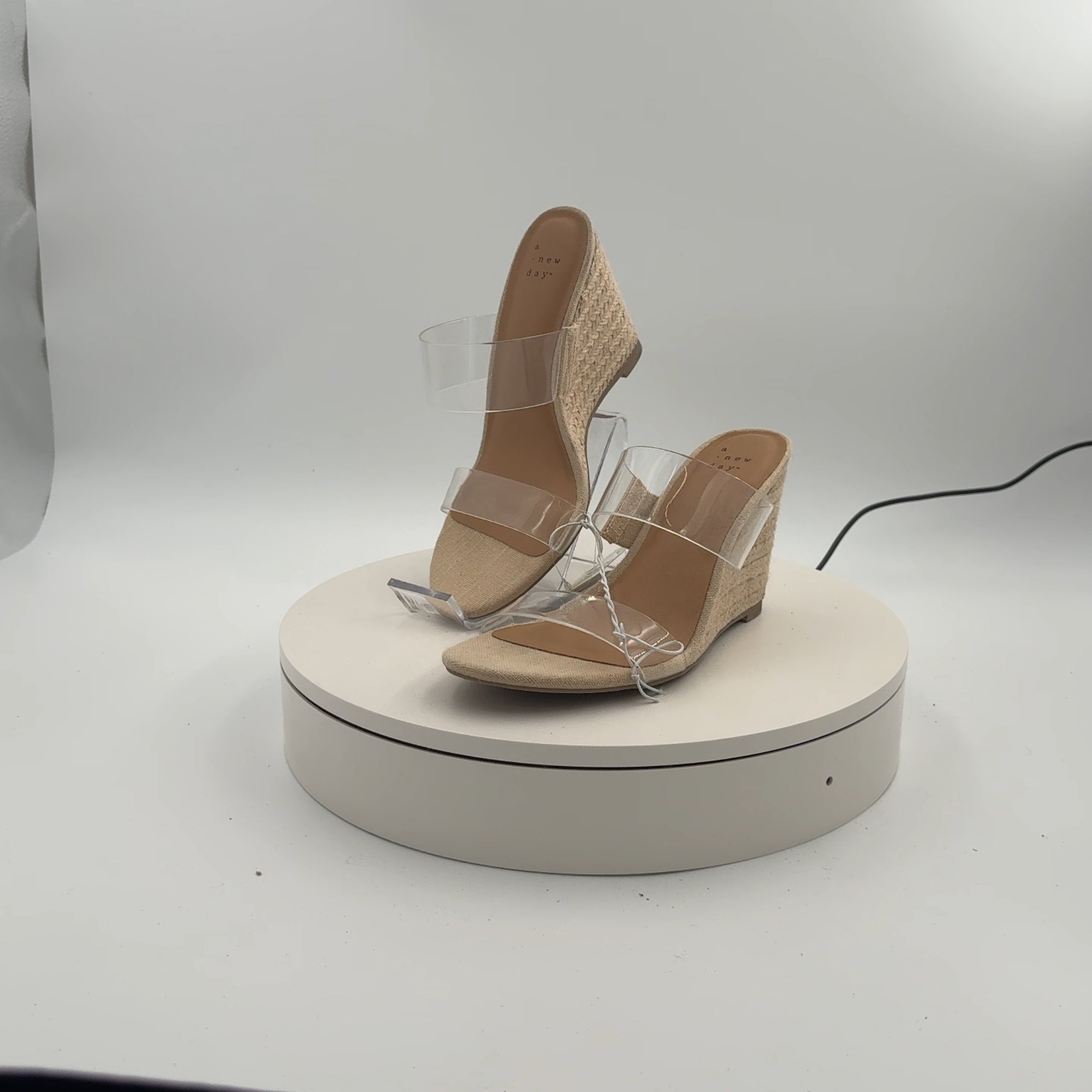 Women's Ansel Double Band Open Toe Wedge Heels With Memory Foam Insole - A New Day Tan 6.5: Slip-On, Platform Heel