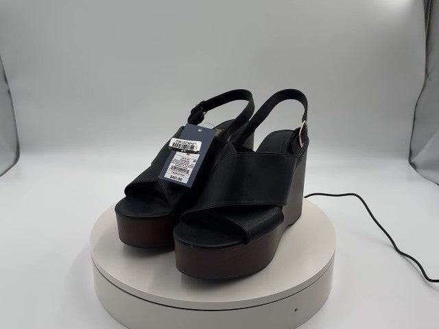 Women's Naomi Wood Wedge Heels with Memory Foam Insole - Universal Thread Black 8.5: Ankle Strap, Open Round Toe, Buckle Closure