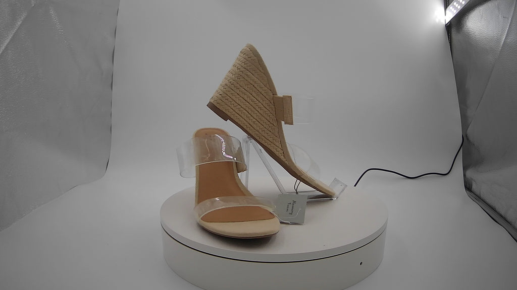 Women's Ansel Double Band Open Toe Wedge Heels with Memory Foam Insole - A New Day Tan 9: Slip-On, Platform Heel