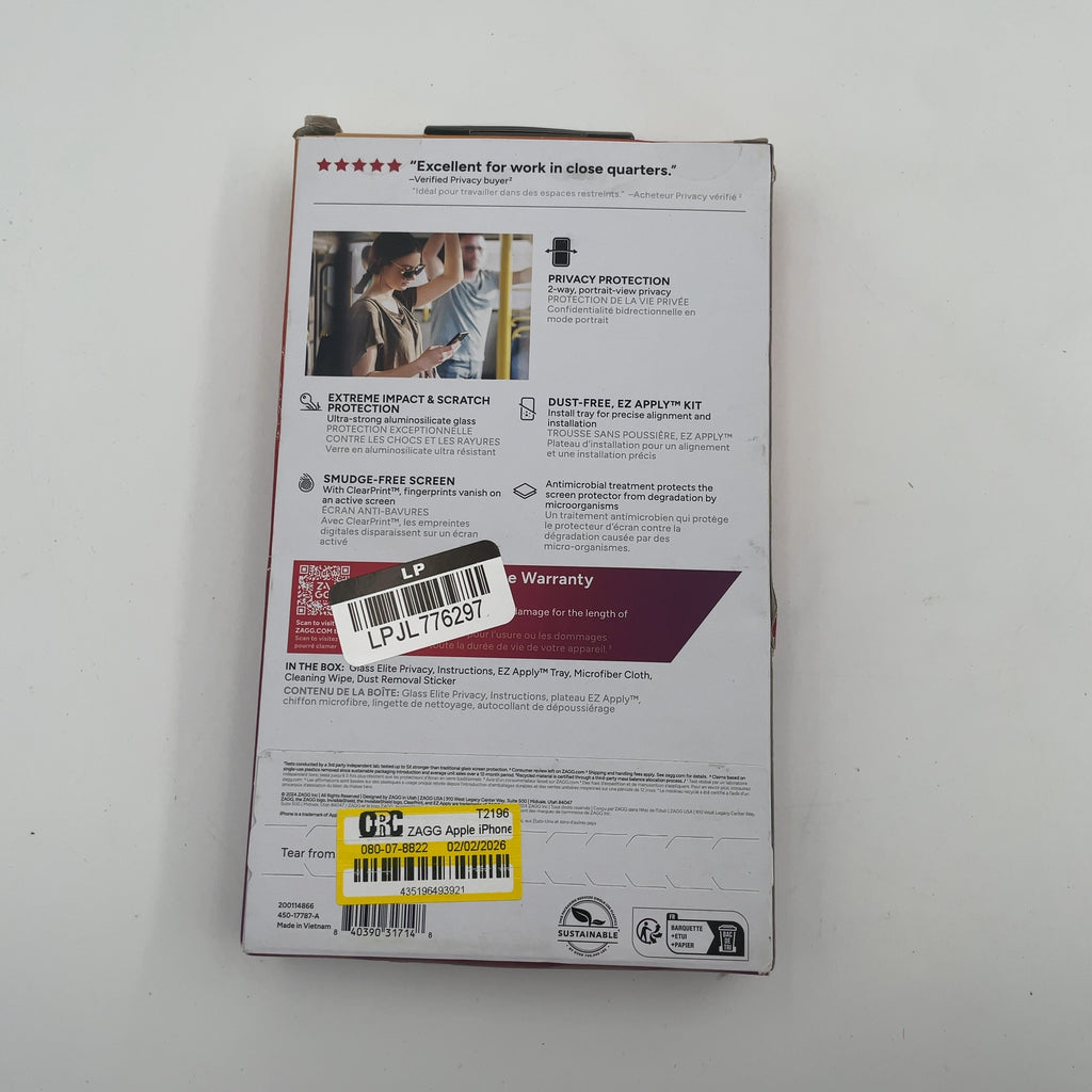 Zagg Apple Iphone 16/Iphone 15 Glass Elite Privacy Screen Protector: Anti-Fingerprint, Scratch-Resistant