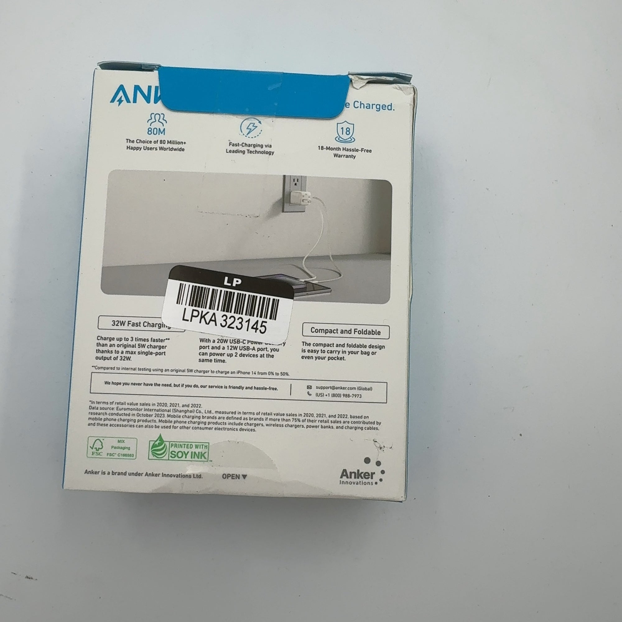 Anker 2 Port 33W Wall Charger With 6' Usb-C To Usb-C Cable - White: Quick Charge, 9V Output