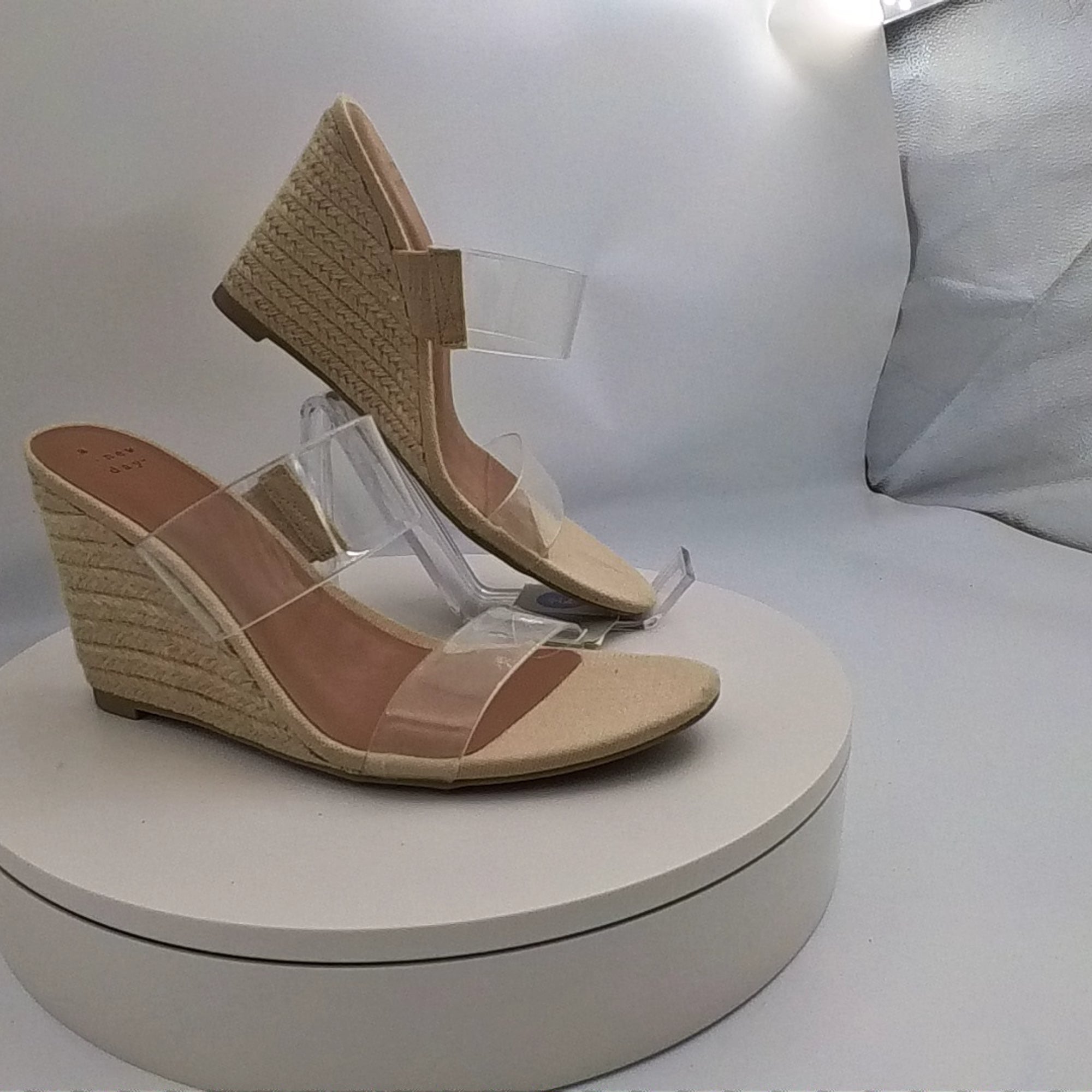 Women's Ansel Double Band Open Toe Wedge Heels With Memory Foam Insole - A New Day Tan 7.5: Slip-On, Platform Heel