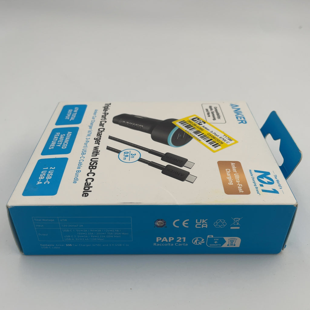 Anker 3-Port 67W Car Charger With 3' Usb-C To Usb-C Cable - Black: Quick Charge, Usb-C Connection