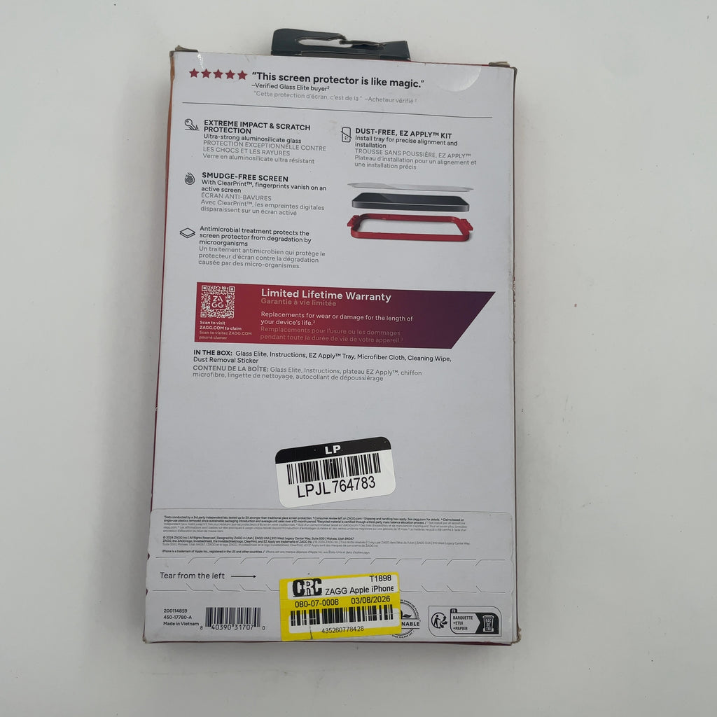 Zagg Apple Iphone 16 Plus/Iphone 15 Plus Glass Elite Screen Protector: Scratch-Resistant, Lightweight Design