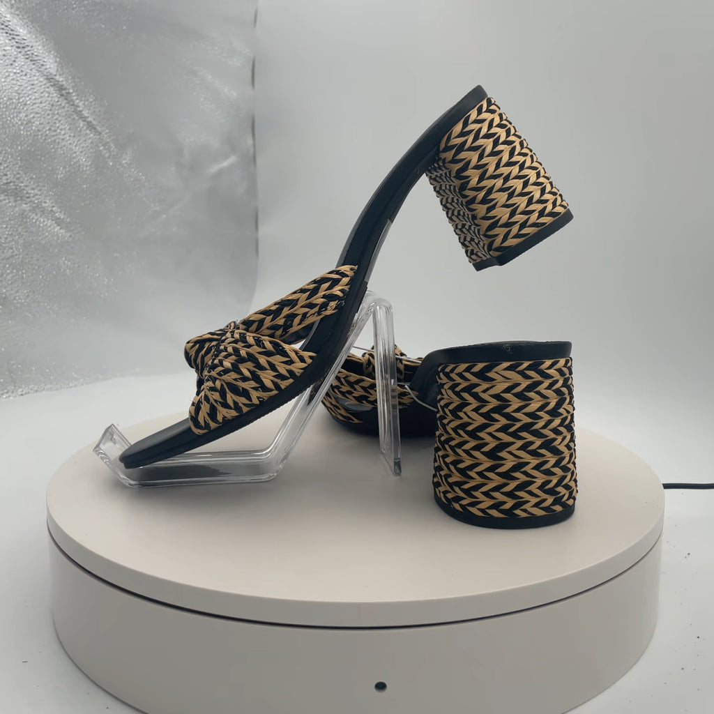 Women's Aaliyah Raffia Strappy Knot Sandal Heels - Universal Thread Black 10: Open Square Toe, Block Heel
