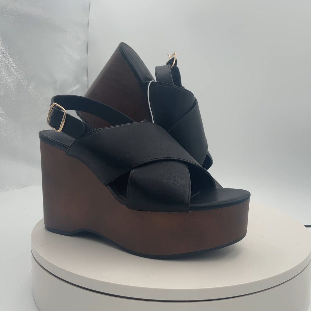 Women's Naomi Wood Wedge Heels With Memory Foam Insole - Universal Thread Black 7: Ankle Strap, Open Toe