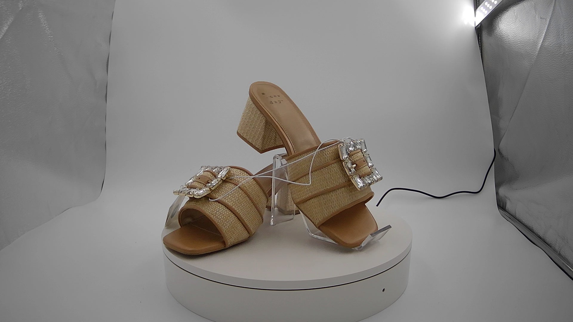 Women's Kathleen Raffia Buckle Block Heels - A New Day Beige 9.5: Slip-On Open Square Toe, Medium Width