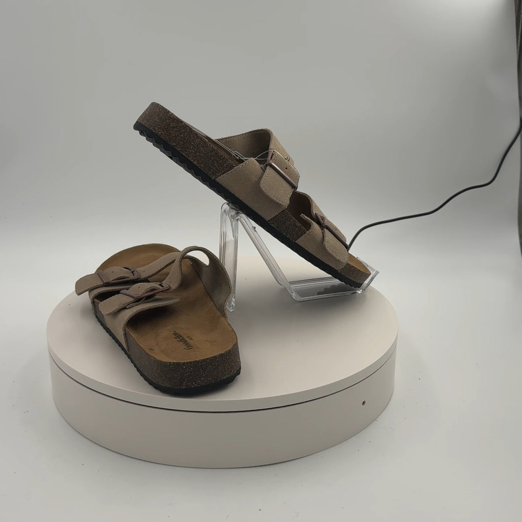 Men's Saul Suede Two Band Sandals - Goodfellow & Co Tan 8: Slip On, Contoured Footbed, Open Toe