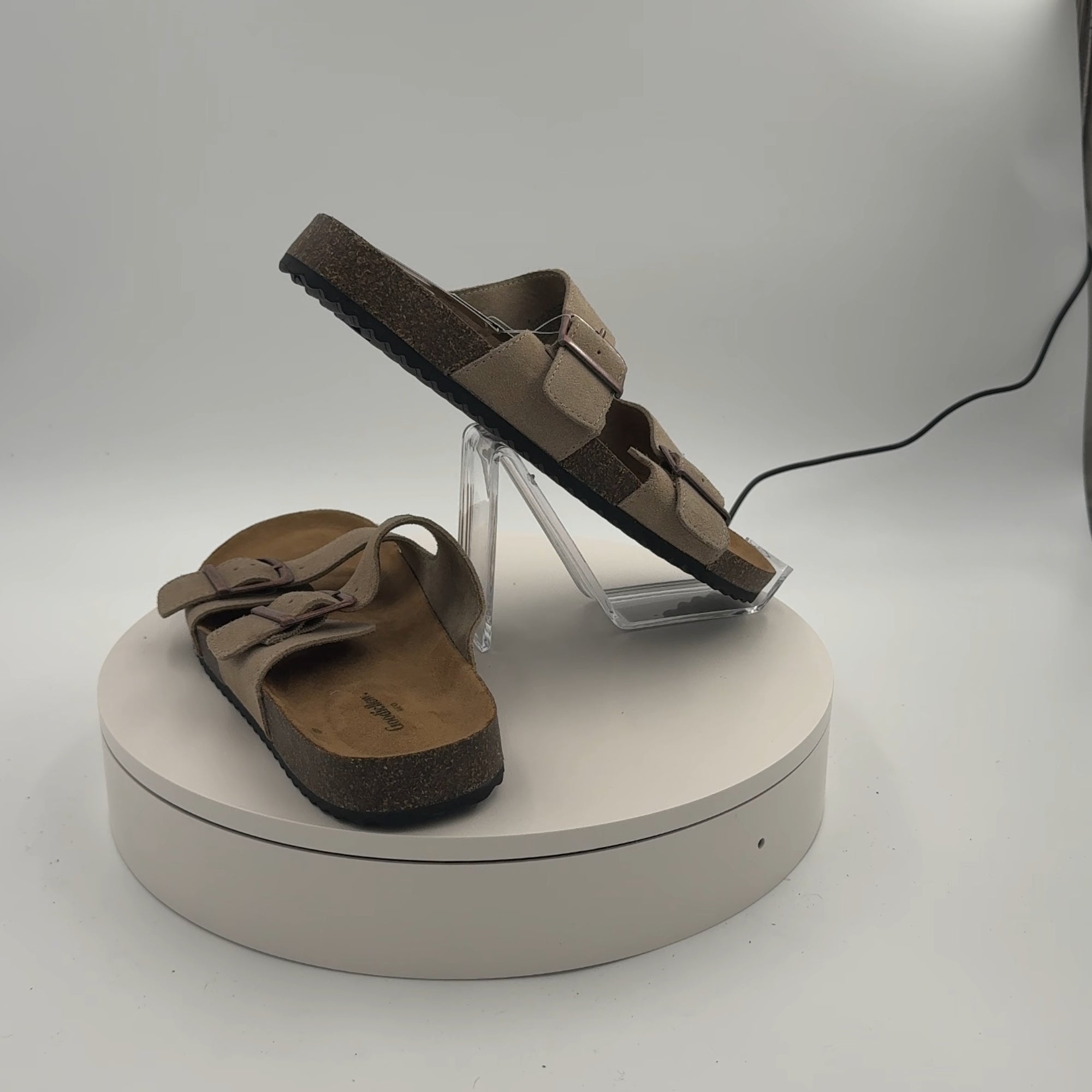 Men's Saul Suede Two Band Sandals - Goodfellow & Co Tan 8: Slip On, Contoured Footbed, Open Toe