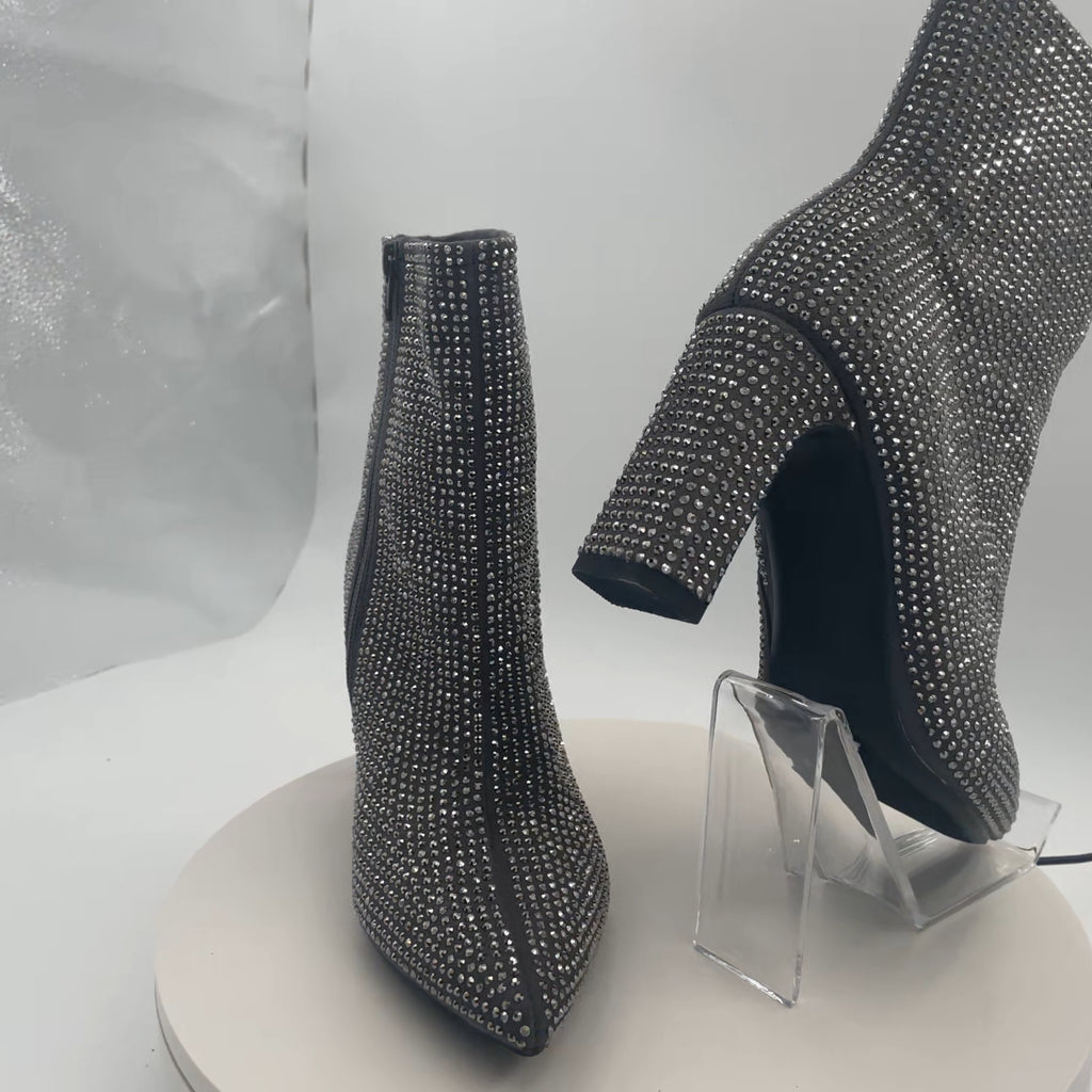 Women’s Gloria Low Shaft Heeled Rhinestones Boots With Memory Foam Insole - A New Day Silver 7