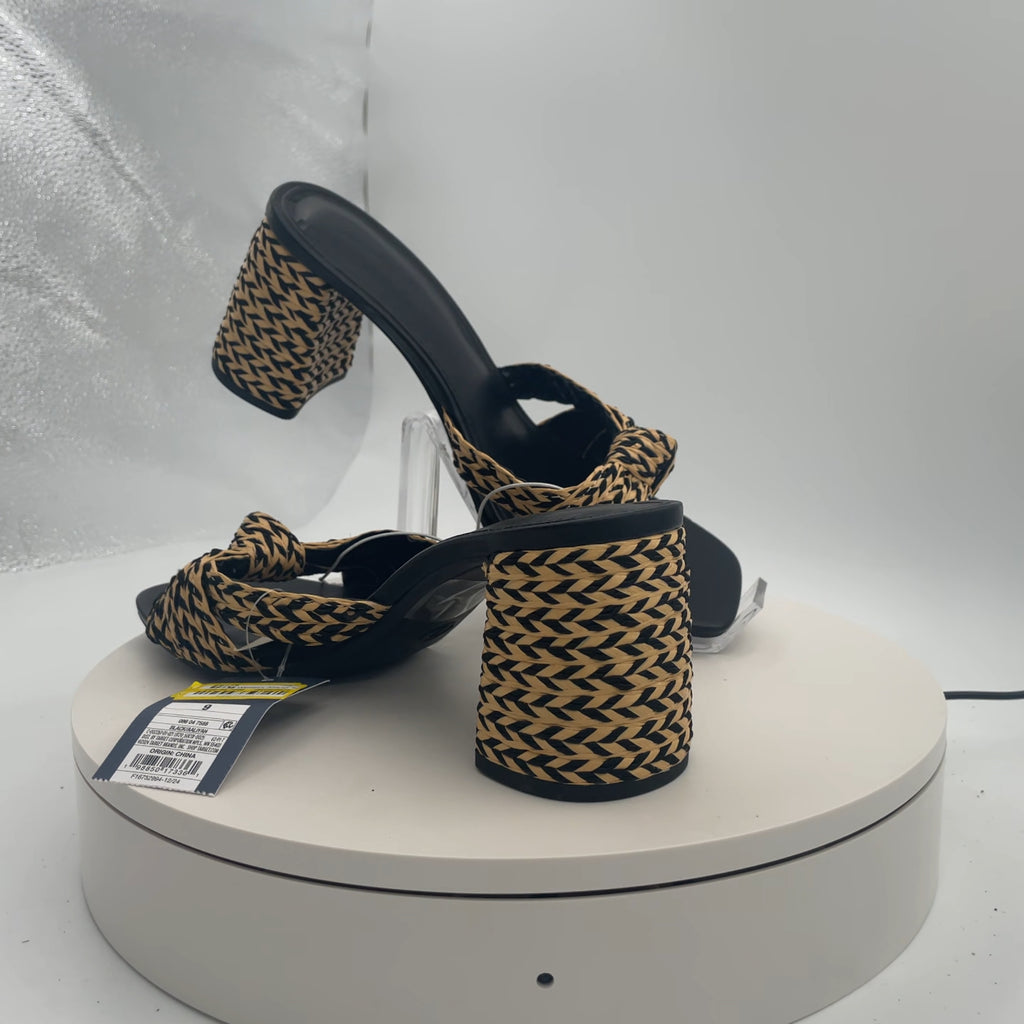 Women's Aaliyah Raffia Strappy Knot Sandal Heels - Universal Thread Black 9: Slip-On, Block Heel, Open Square Toe