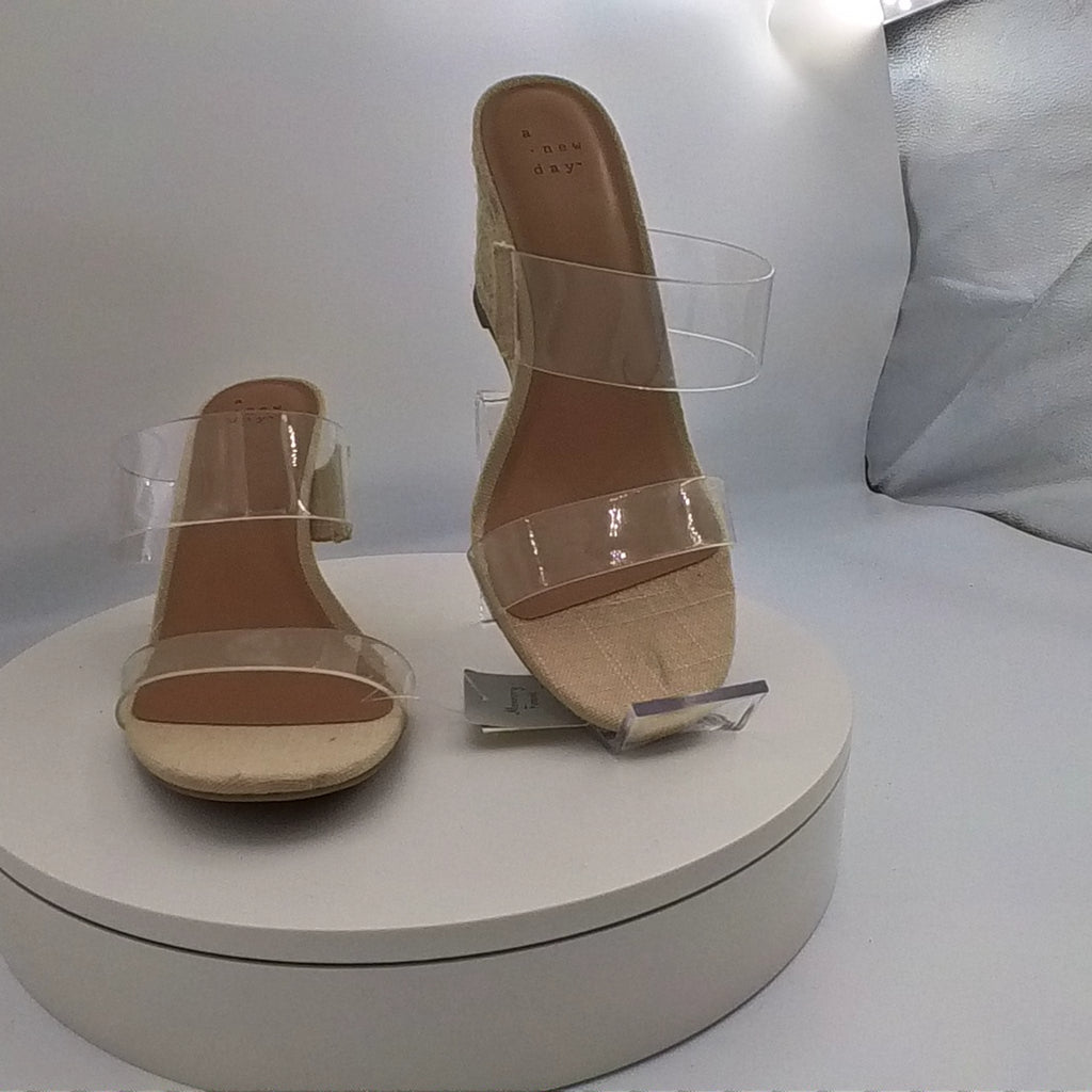 Women's Ansel Double Band Open Toe Wedge Heels With Memory Foam Insole - A New Day Tan 7.5: Slip-On, Platform Heel