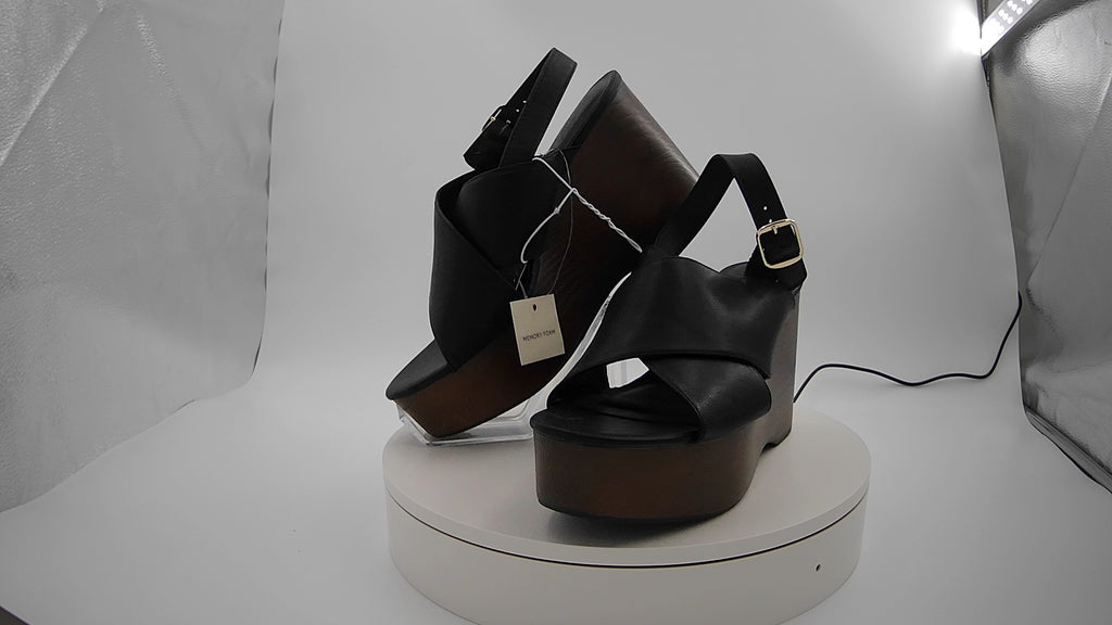 Women's Naomi Wood Wedge Heels with Memory Foam Insole - Universal Thread Black 9.5: Ankle Strap, Open Toe, 4.25" Heel