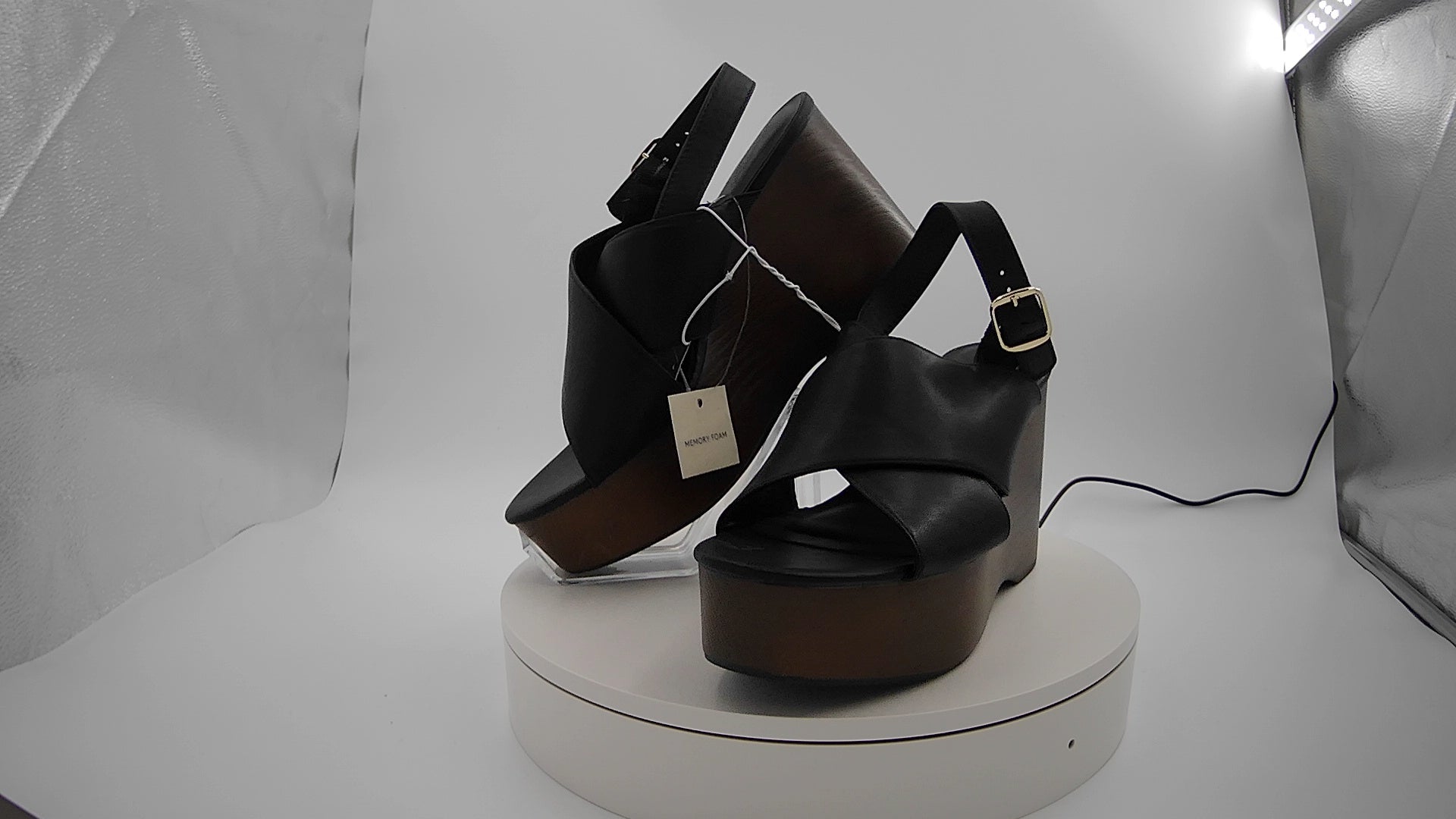 Women's Naomi Wood Wedge Heels with Memory Foam Insole - Universal Thread Black 9.5: Ankle Strap, Open Toe, 4.25" Heel