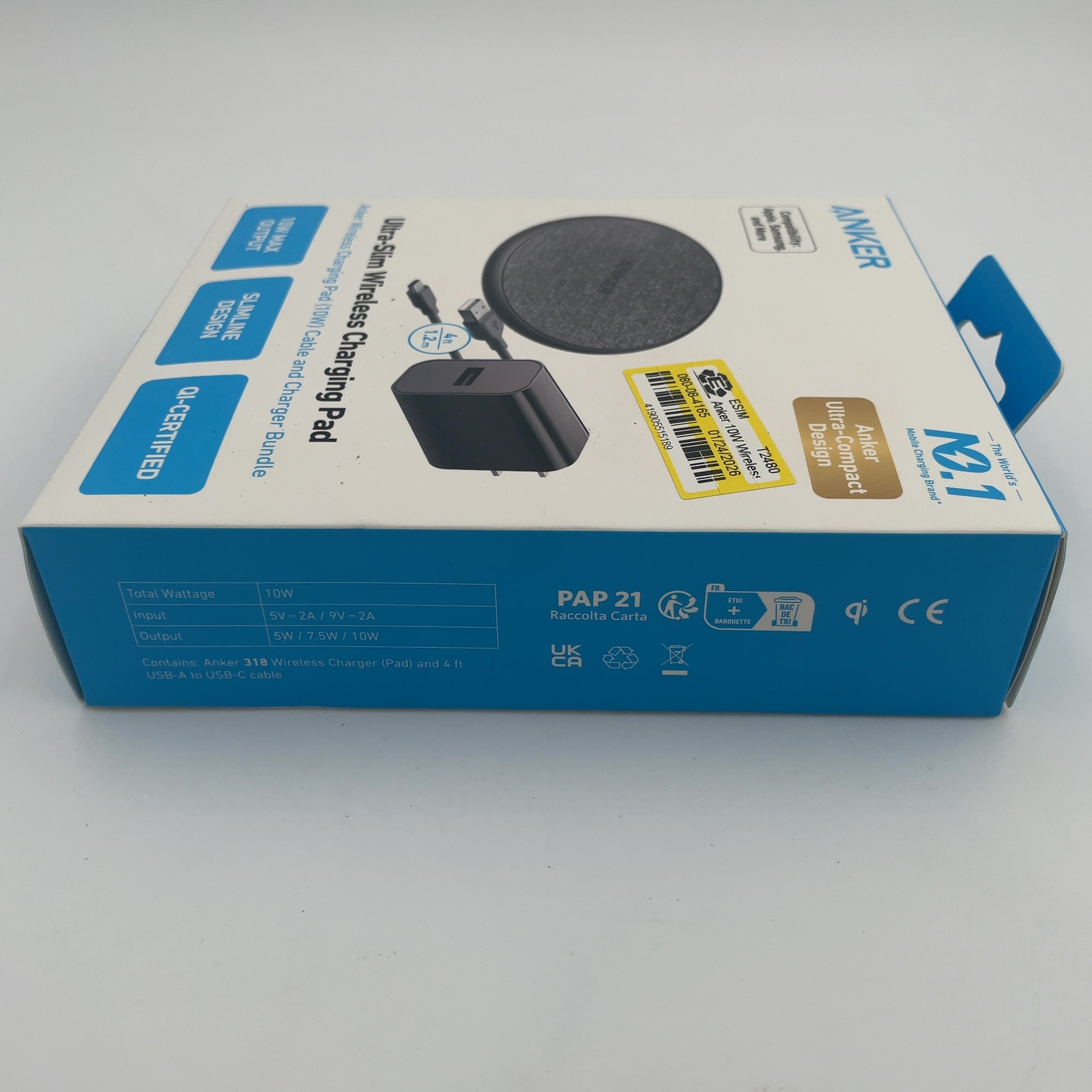 Anker 10W Wireless Charging Pad With 4' Cable And 18W Wall Charger - Black: Usb-C Connection
