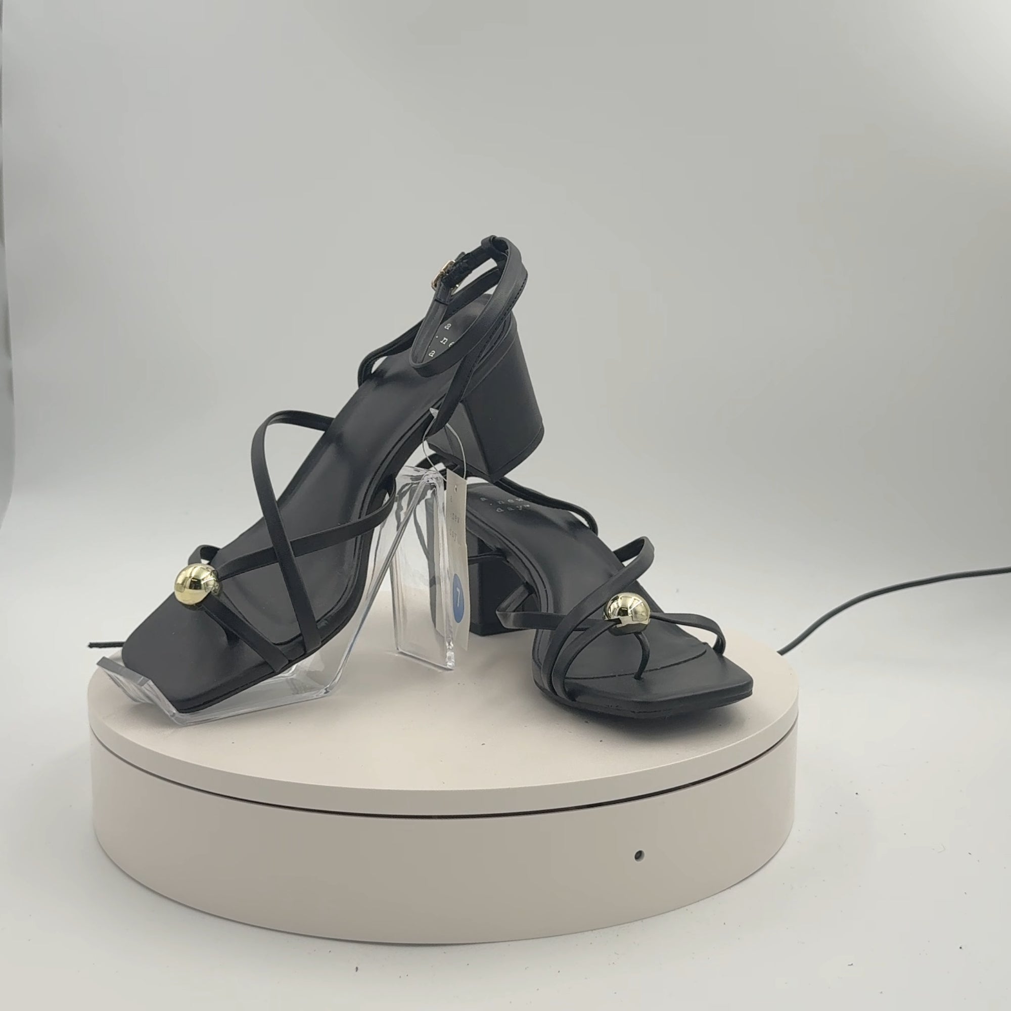 Women's Phoebe Strappy Ball Ornament Heels - A New Day Black 7: Adjustable Buckle, Block Heel, Open Square Toe