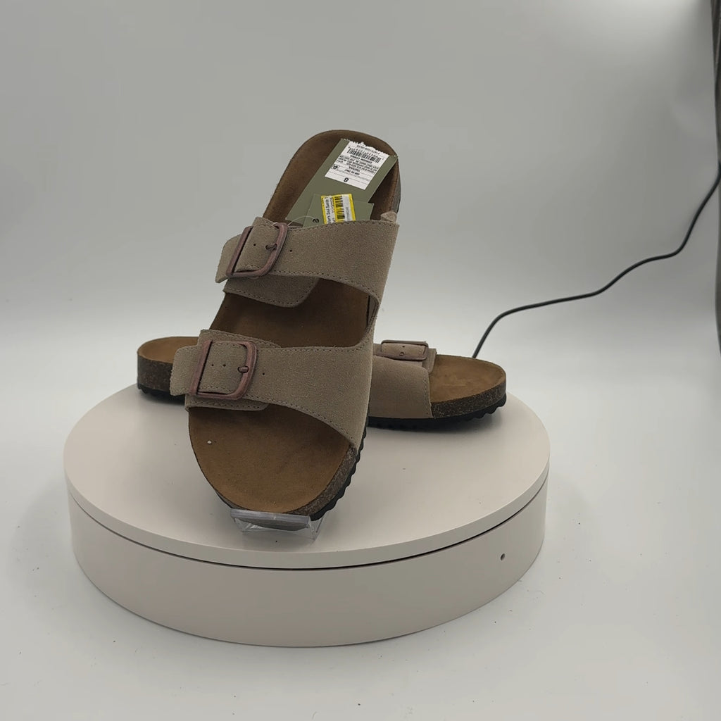 Men's Saul Suede Two Band Sandals - Goodfellow & Co Tan 8: Slip On, Contoured Footbed, Open Toe