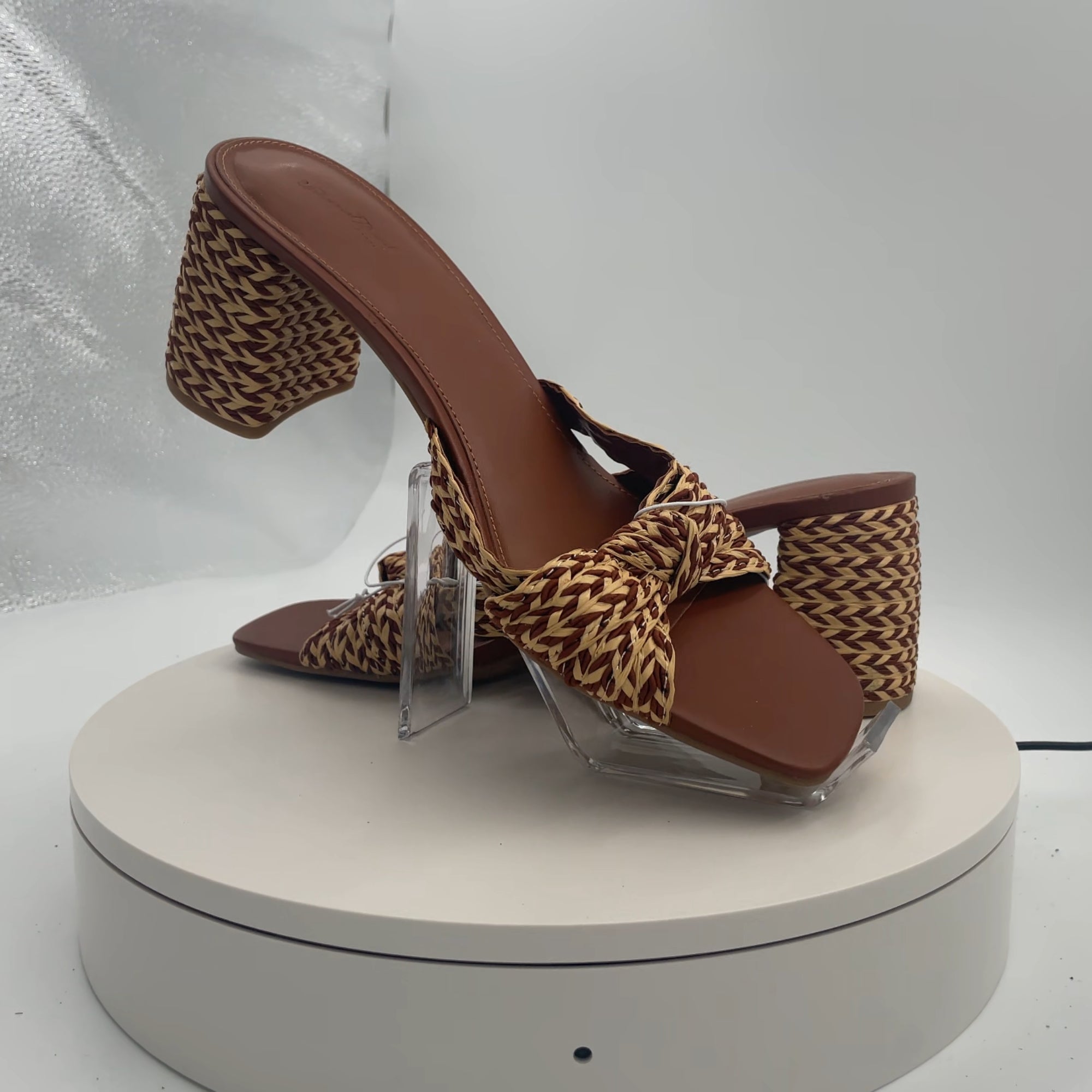 Women's Aaliyah Raffia Strappy Knot Sandal Heels - Universal Thread Cognac 11: Block Heel, Open Toe
