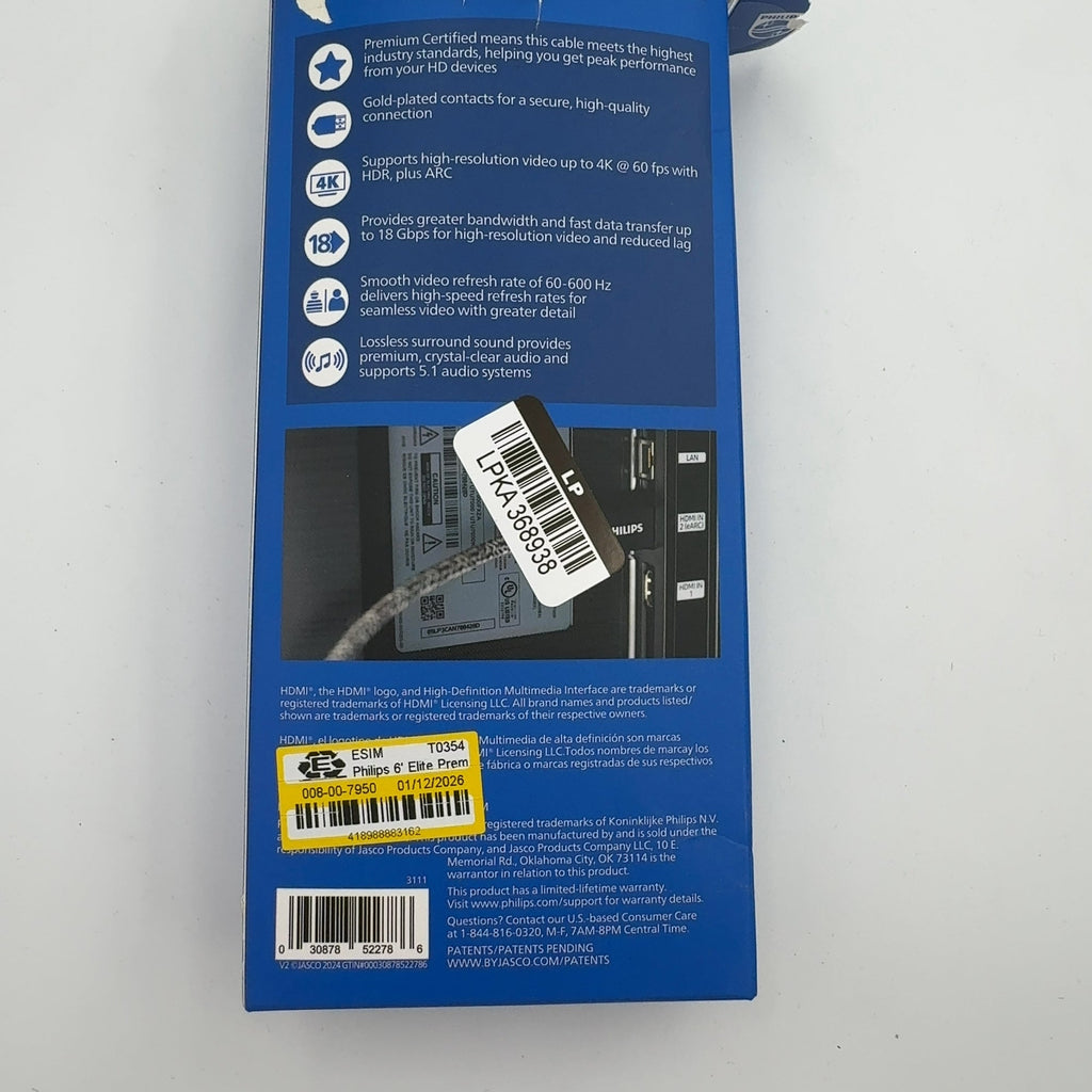 Philips 6' Elite Premium High-Speed Hdmi Cable With Ethernet, 4K@60Hz - Braided: Male-To-Male Connections