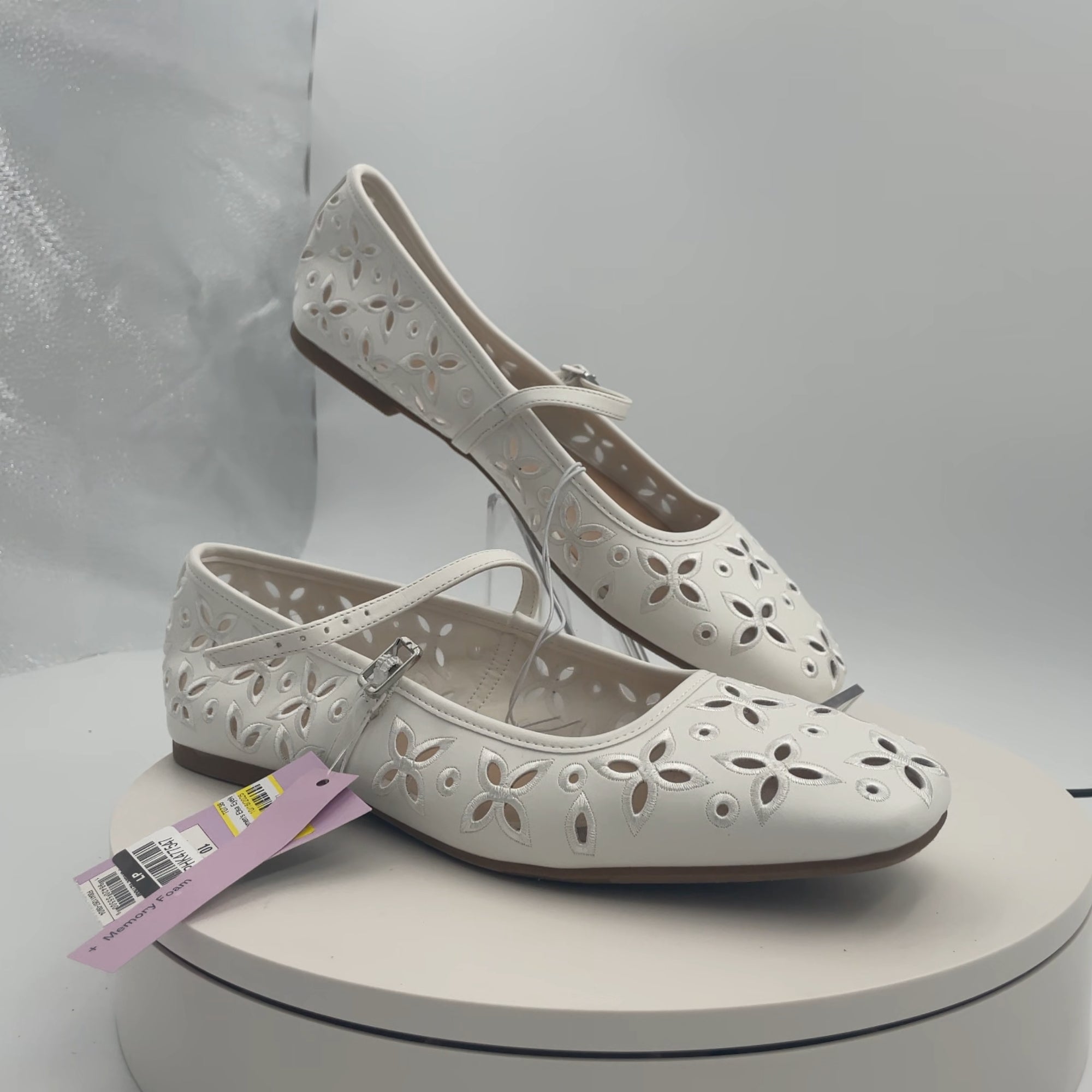 Women's Elsa Eyelet Mary Jane Ballet Flats With Memory Foam Insole - Wild Fable White 10: Faux Leather, Buckle Closure, Textured Outsole