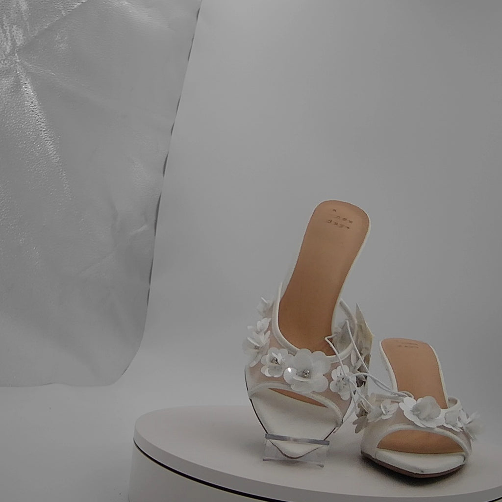 Women's Lupita Mesh Rhinestone Peep Toe Mule Heels With Memory Foam Insole - A New Day White 8: Slip-On Stiletto