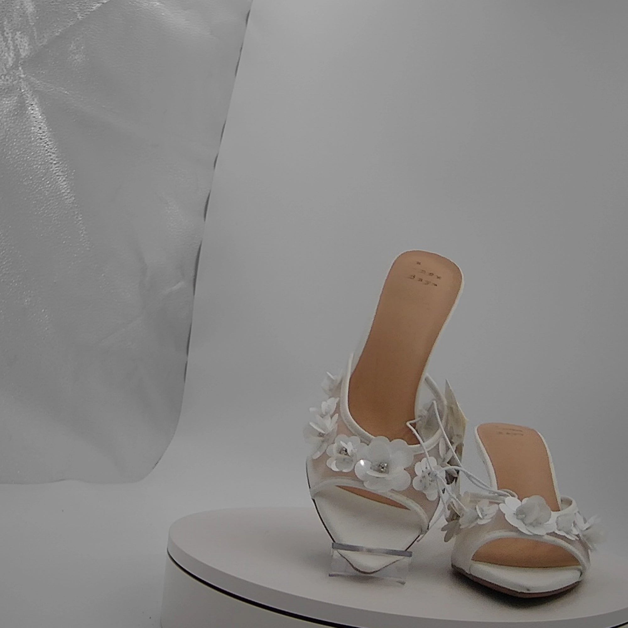 Women's Lupita Mesh Rhinestone Peep Toe Mule Heels With Memory Foam Insole - A New Day White 8: Slip-On Stiletto