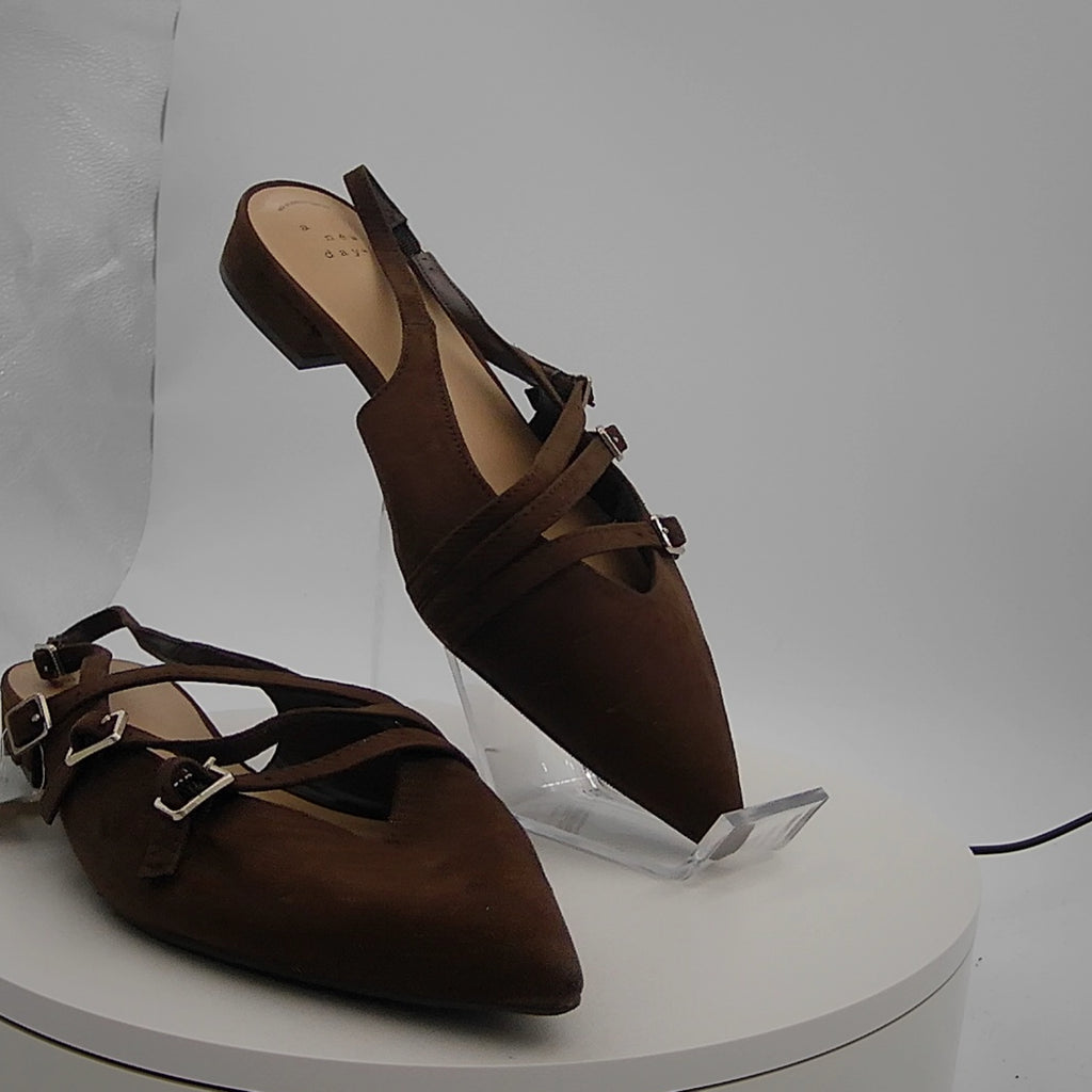 Women's Twiggy Multi Buckle Mini Heel Flats With Memory Foam Insole - A New Day Brown 9: Faux Suede, Pointed Toe