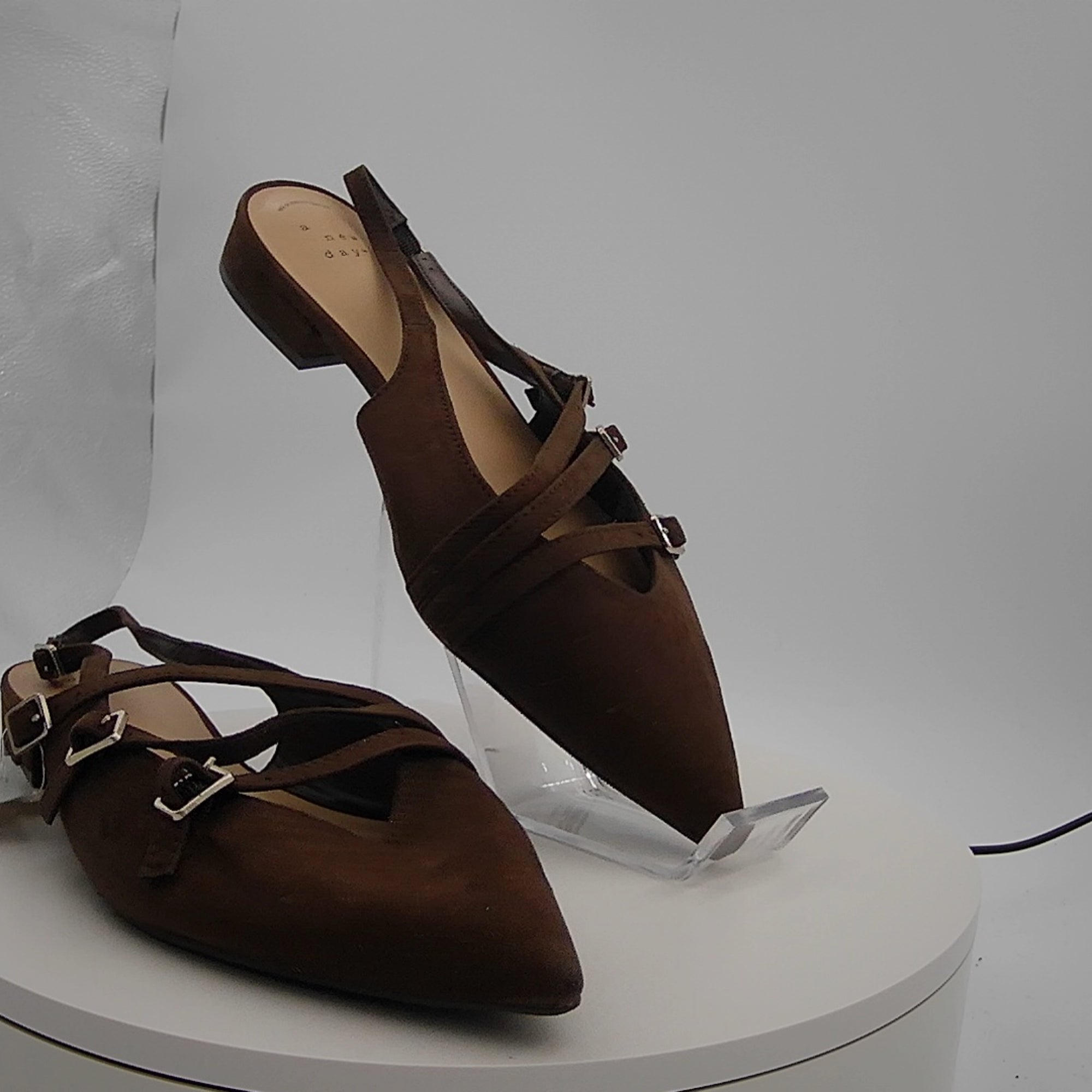 Women's Twiggy Multi Buckle Mini Heel Flats With Memory Foam Insole - A New Day Brown 9: Faux Suede, Pointed Toe