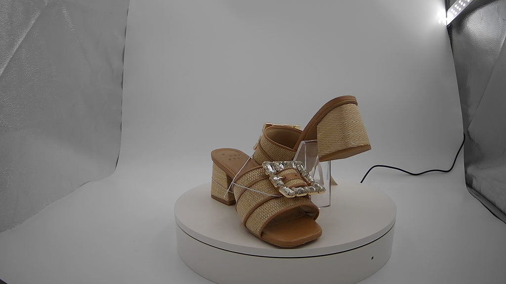 Women's Kathleen Raffia Buckle Block Heels - A New Day Beige 6: Slip-On Open Square Toe, Medium Width