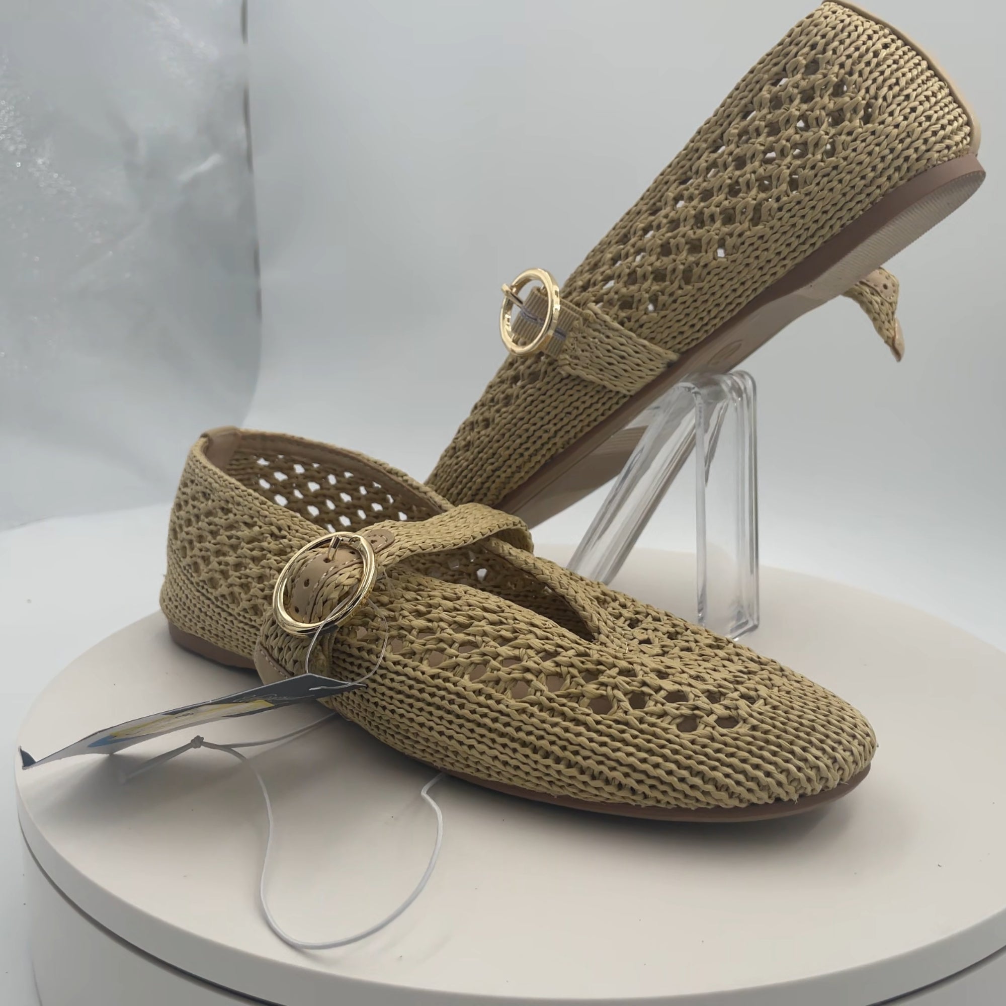 Women's Sia Knit Woven Mary Jane Flats - Universal Thread Beige 7.5: Cushioned Insole, Buckle Closure, Textured Outsole