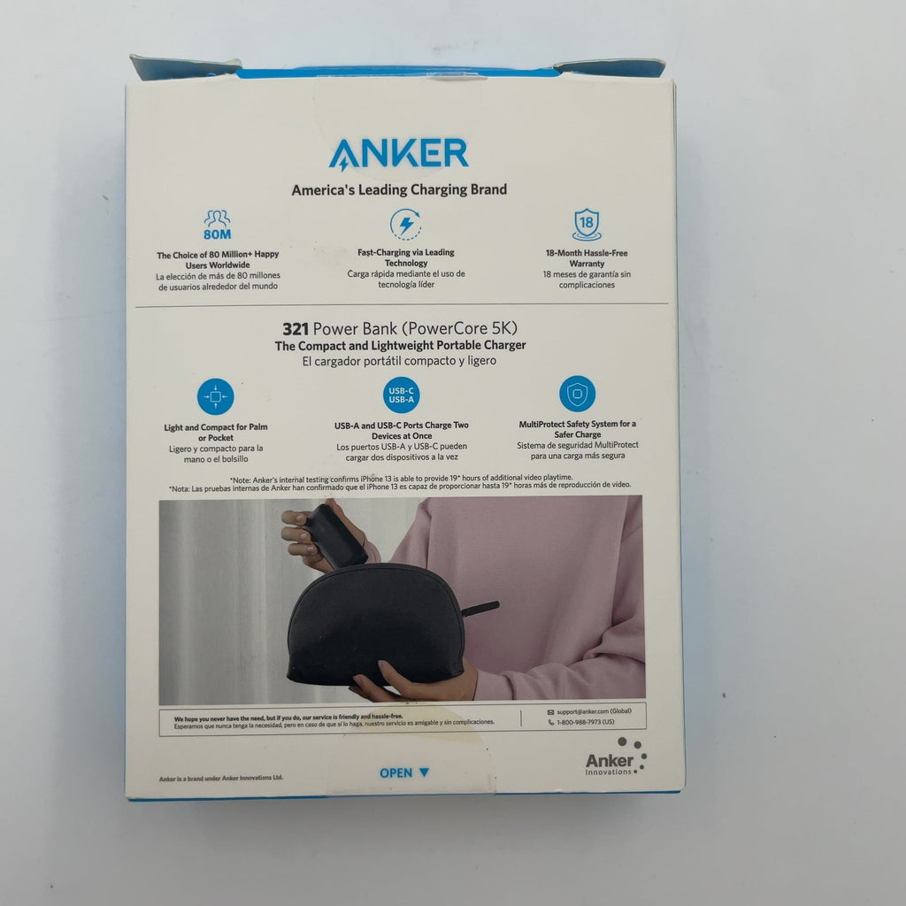 Anker 5000Mah Power Bank Powercore 5K 12W 1A1C - Black: Dual Output, Usb & Usb-C