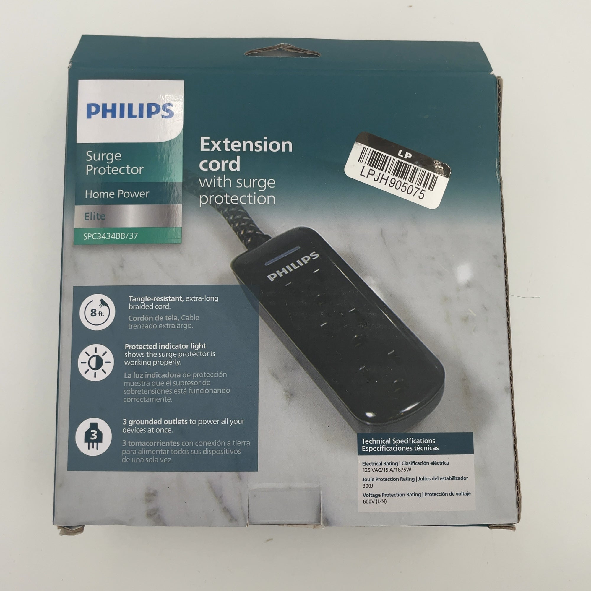 Philips 8' 3-Outlet Grounded Extension Cord - Black: 13 Amps, 14 Awg Wire Gauge