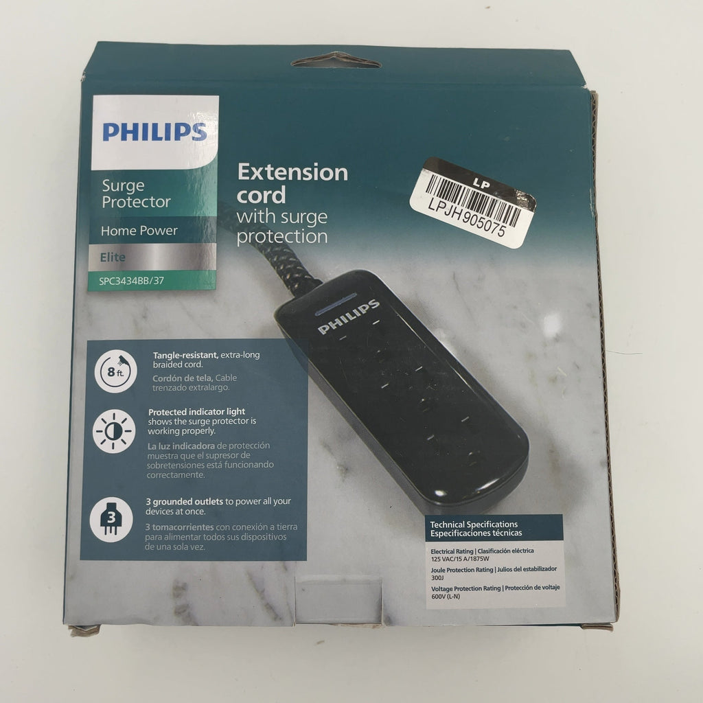 Philips 8' 3-Outlet Grounded Extension Cord - Black: 13 Amps, 14 Awg Wire Gauge