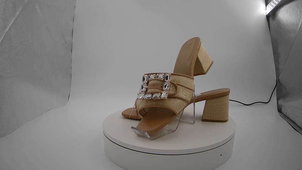 Women's Kathleen Raffia Buckle Block Heels - A New Day Beige 11: Slip On, Open Square Toe, Medium Width