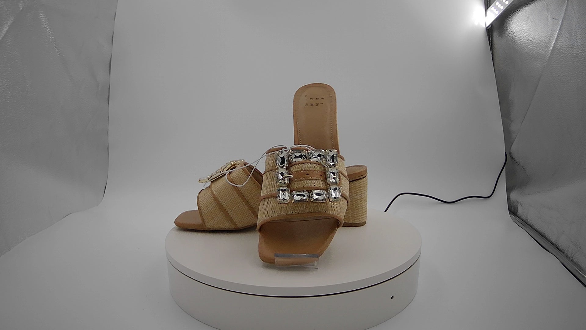Women's Kathleen Raffia Buckle Block Heels - A New Day Beige 9.5: Slip-On Open Square Toe, Medium Width