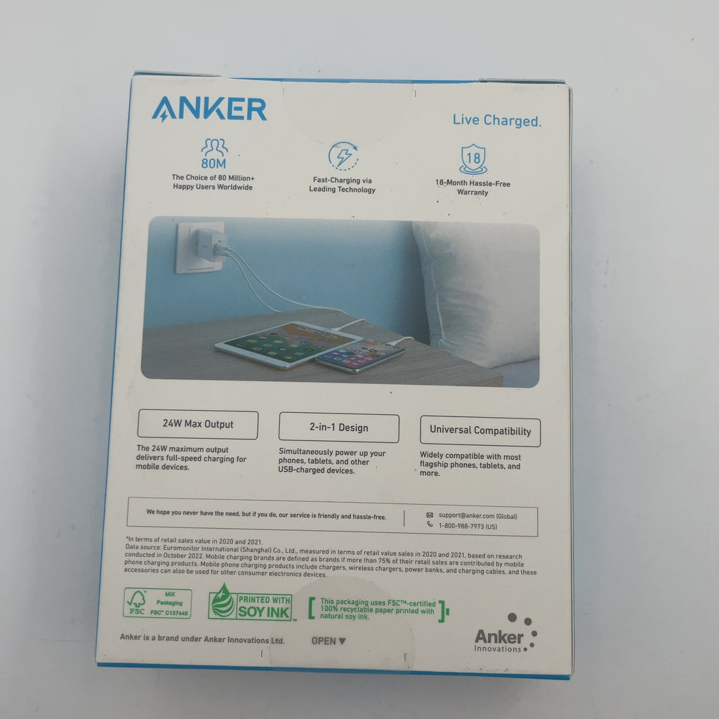 Anker 2-Port Powerport 24W Wall Charger - White: Usb Wall Plug For Android & Iphone, Lightweight Design