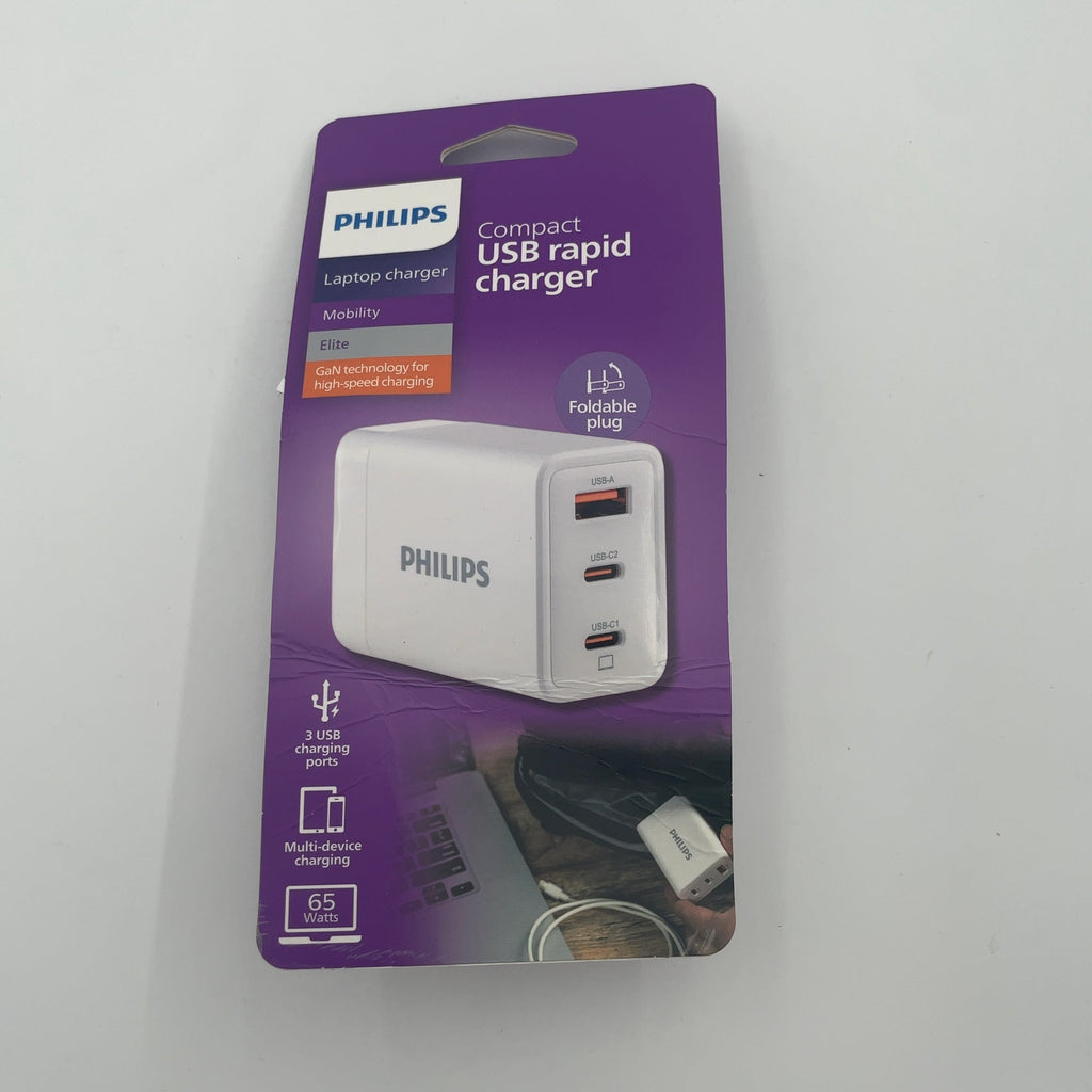 Philips 3 Port Fast Charging Wall Charger With Usb-A And Usb-C: 65W Power Adapter