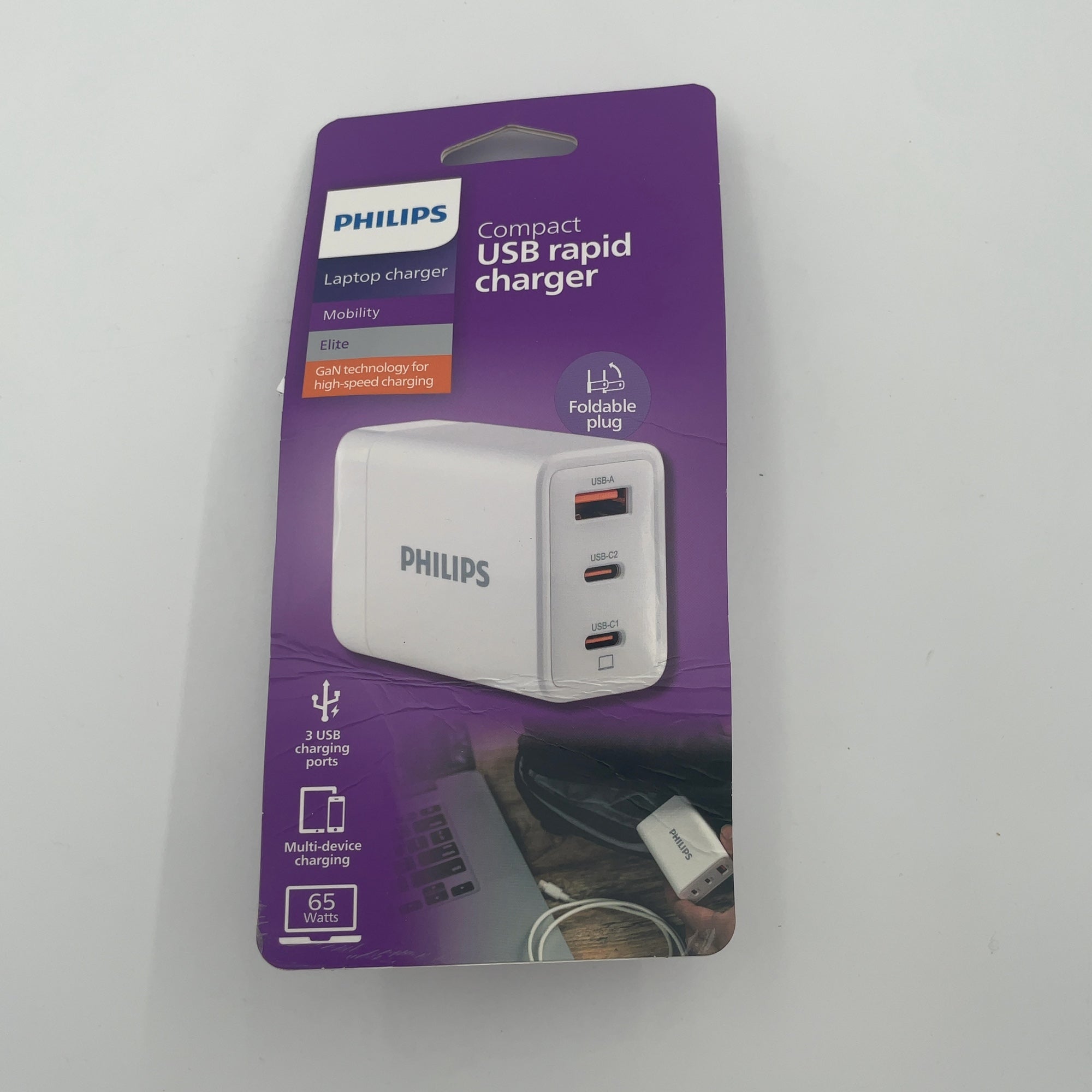 Philips 3 Port Fast Charging Wall Charger With Usb-A And Usb-C: 65W Power Adapter