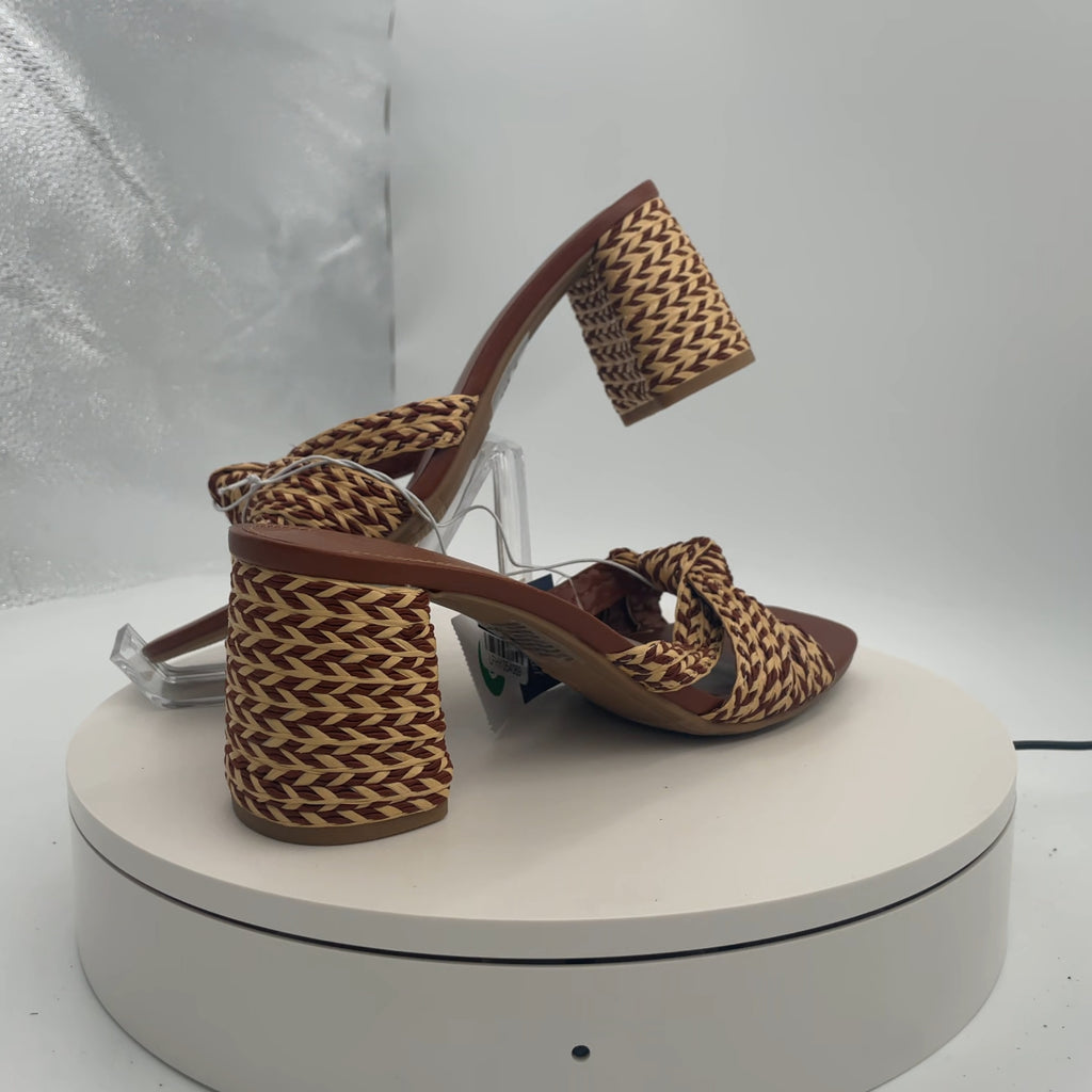 Women's Aaliyah Raffia Strappy Knot Sandal Heels - Universal Thread Cognac 10: Block Heel, Open Square Toe