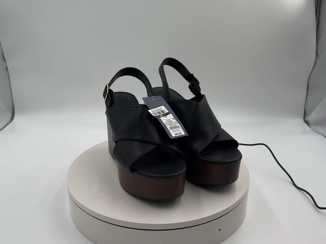 Women's Naomi Wood Wedge Heels with Memory Foam Insole - Universal Thread Black 8.5: Ankle Strap, Open Round Toe, Buckle Closure