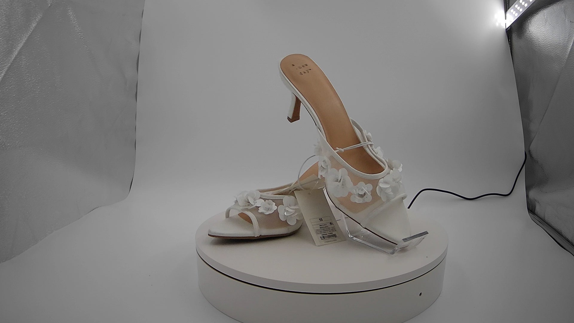 Women's Lupita Mesh Rhinestone Peep Toe Mule Heels with Memory Foam Insole - A New Day White 10: Slip-On Stiletto, Medium Width